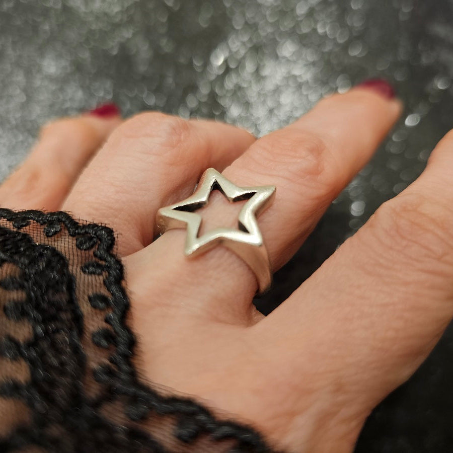 Star ring, chunky silver adjustable celestial boho statement ring