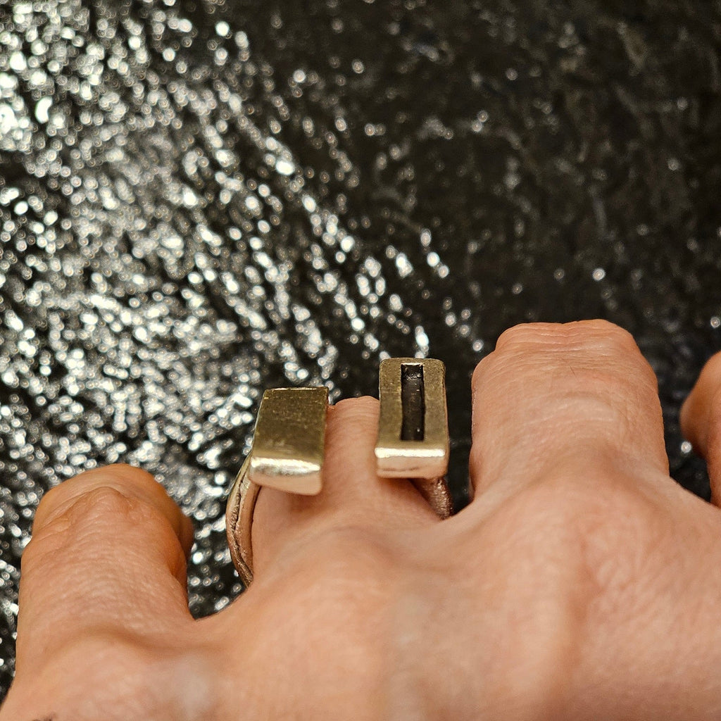 Brutalist double lines ring, adjustable modernist abstract sculptural silver