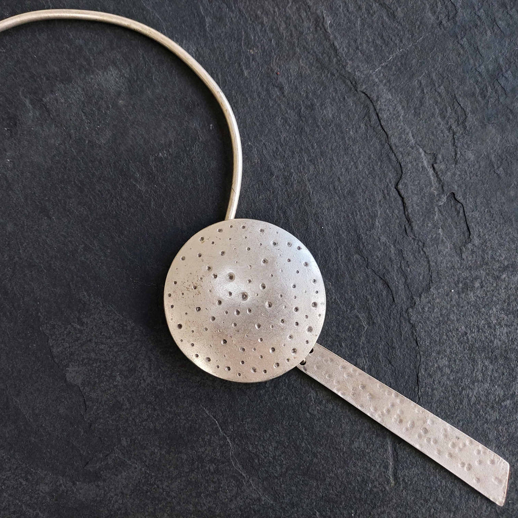 Silver disc bar necklace, dotted textured pendant brutalist choker