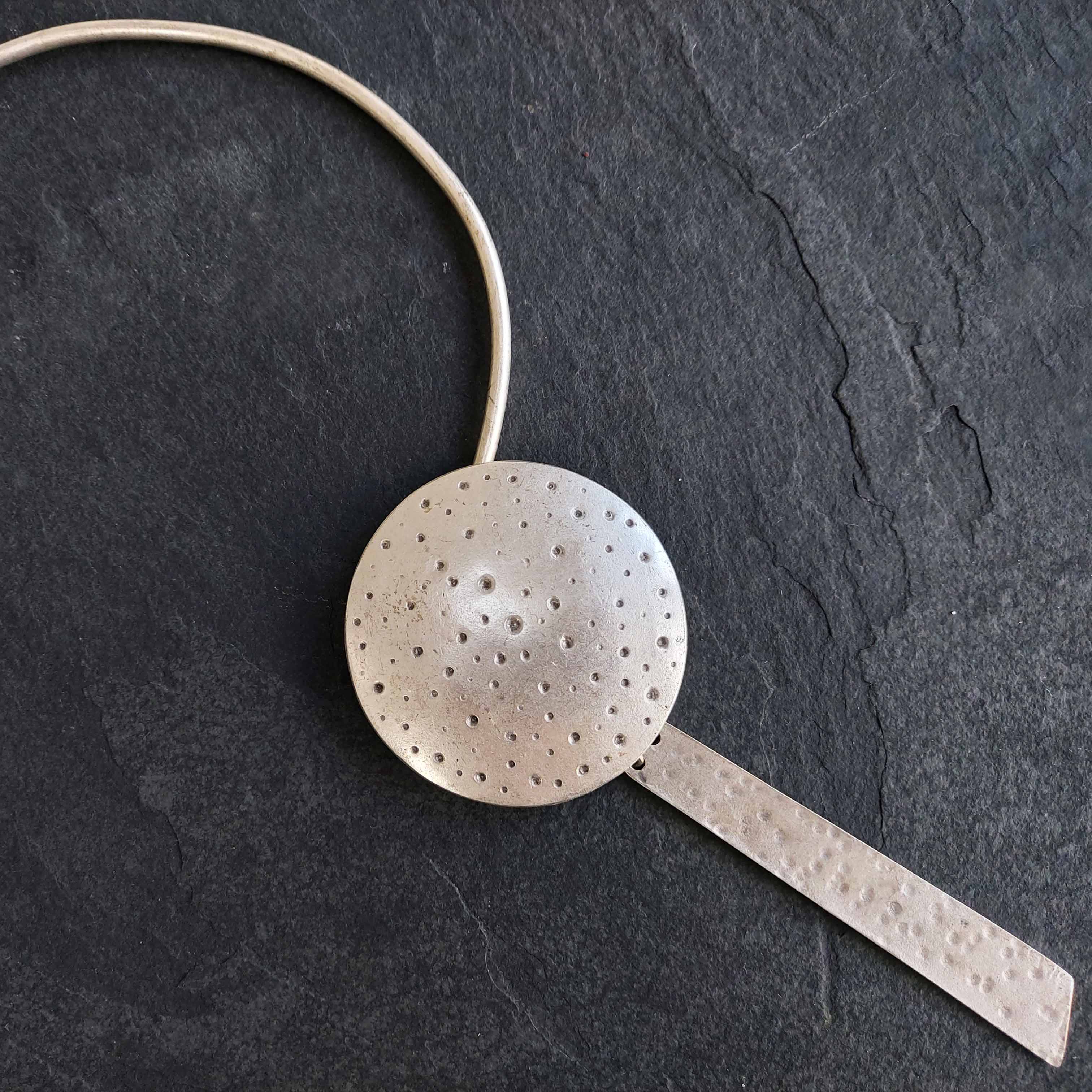 Silver disc bar necklace, dotted textured pendant brutalist choker