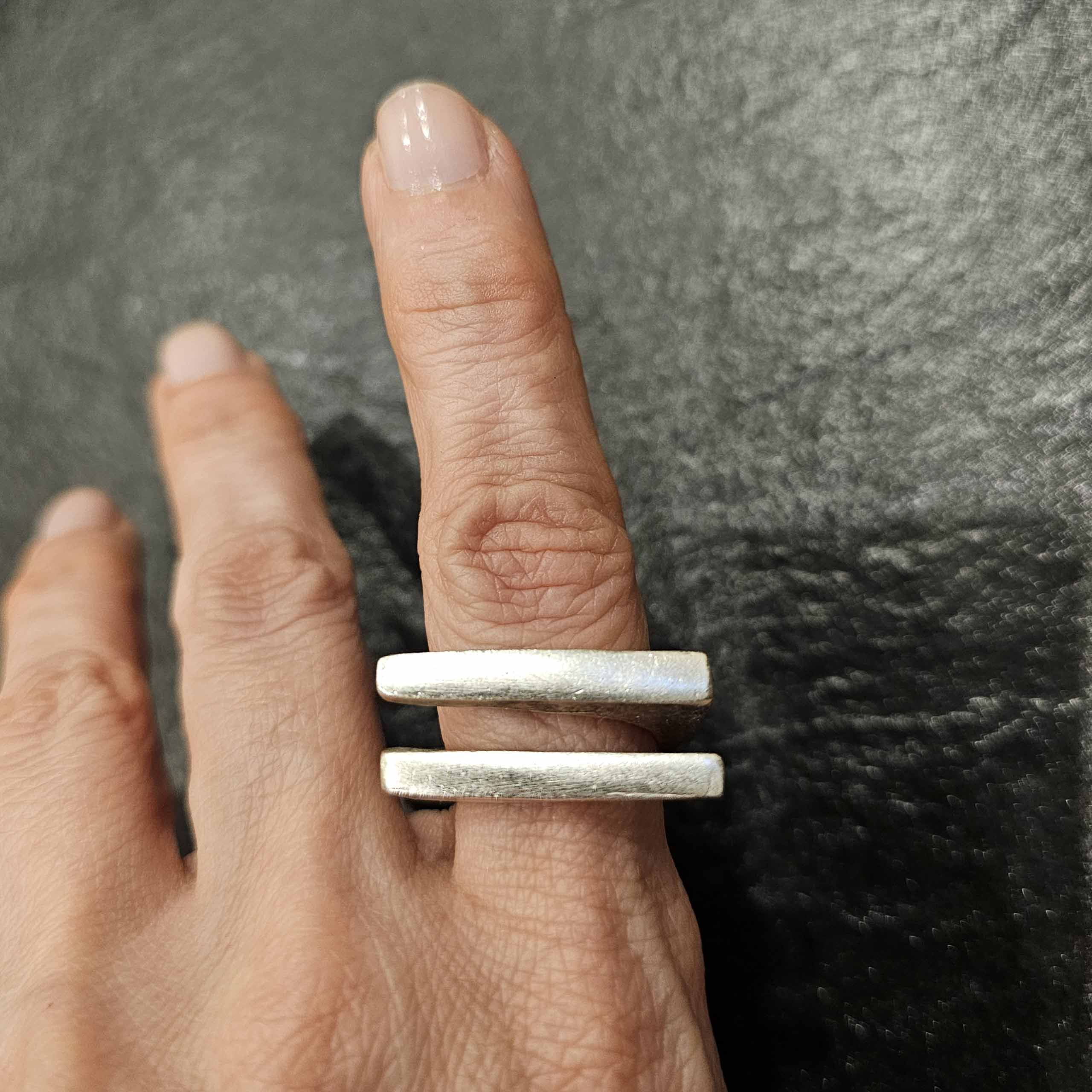 Double bar ring, parallel lines minimalist brutalist sculptural statement