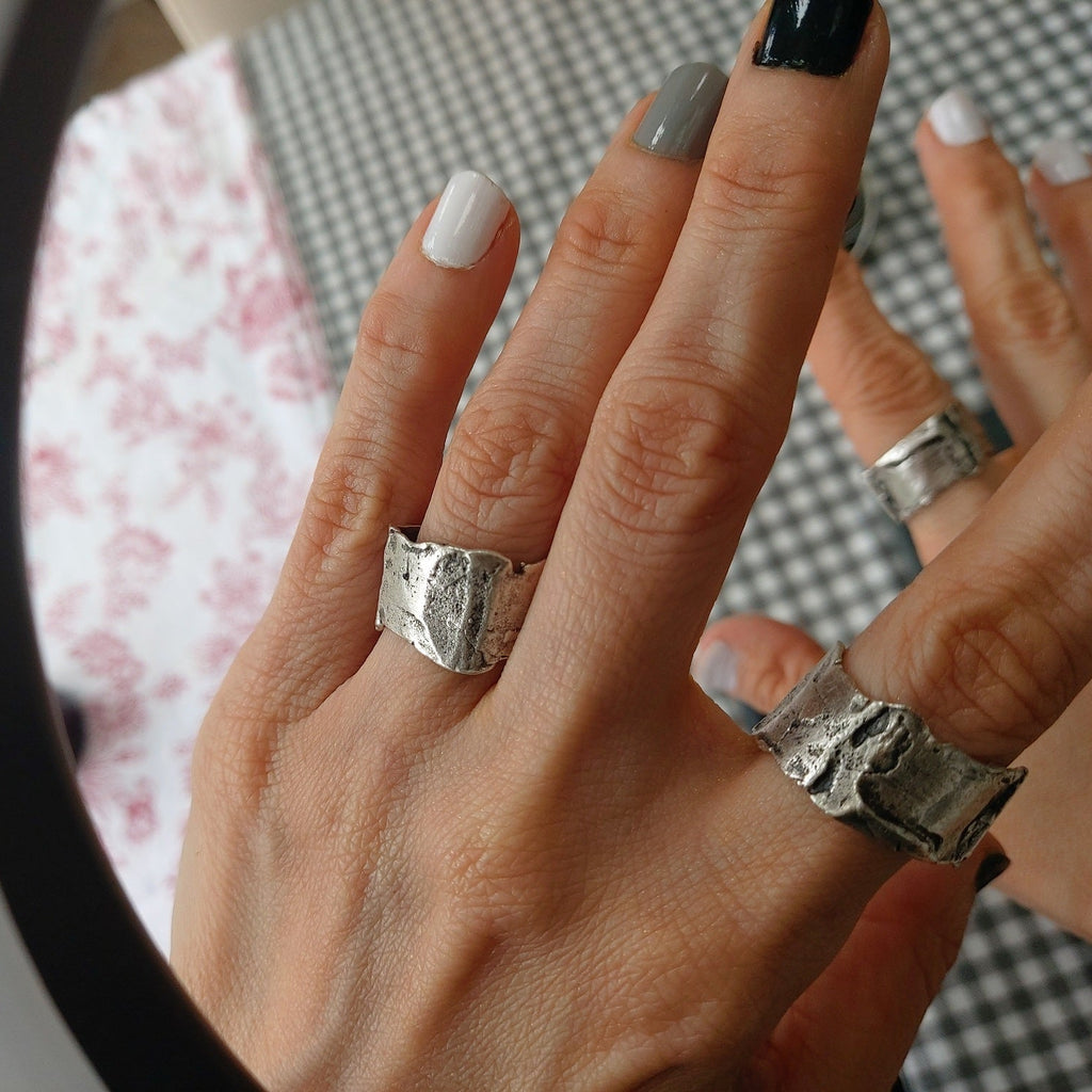 Brutalist ring, raw textured artisan band adjustable silver modernist statement