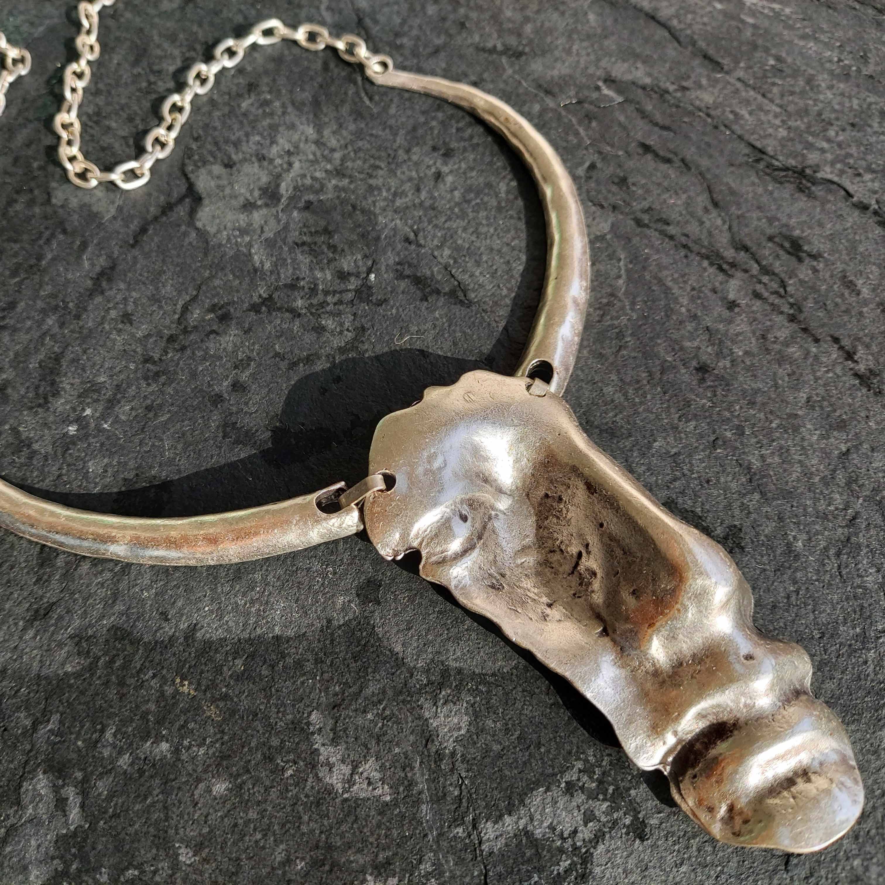 Brutalist greek face necklace, sculptural abstract modernist collar pendant