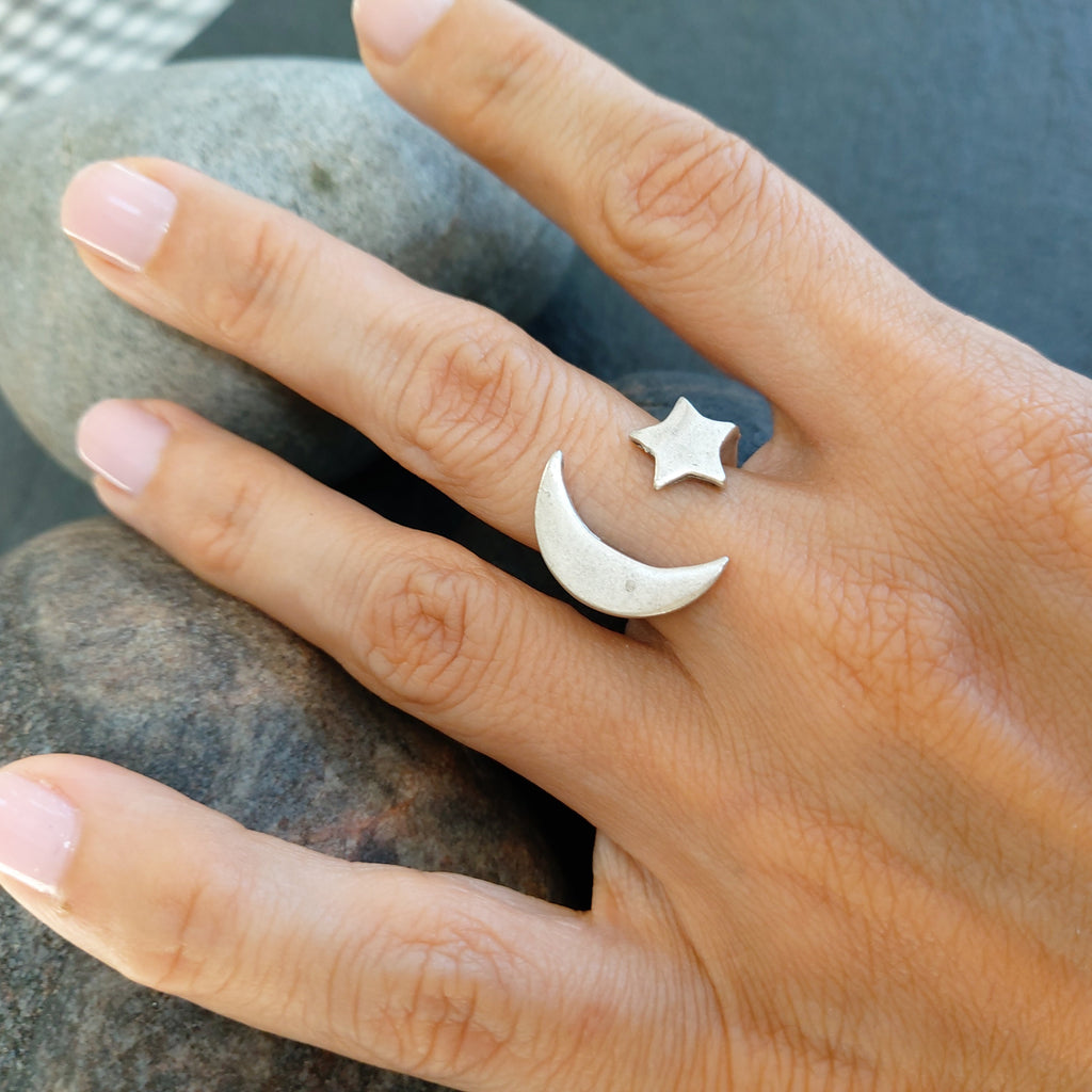 Moon and Star Ring | Adjustable Silver Celestial Open Band | Boho Cosmic Statement