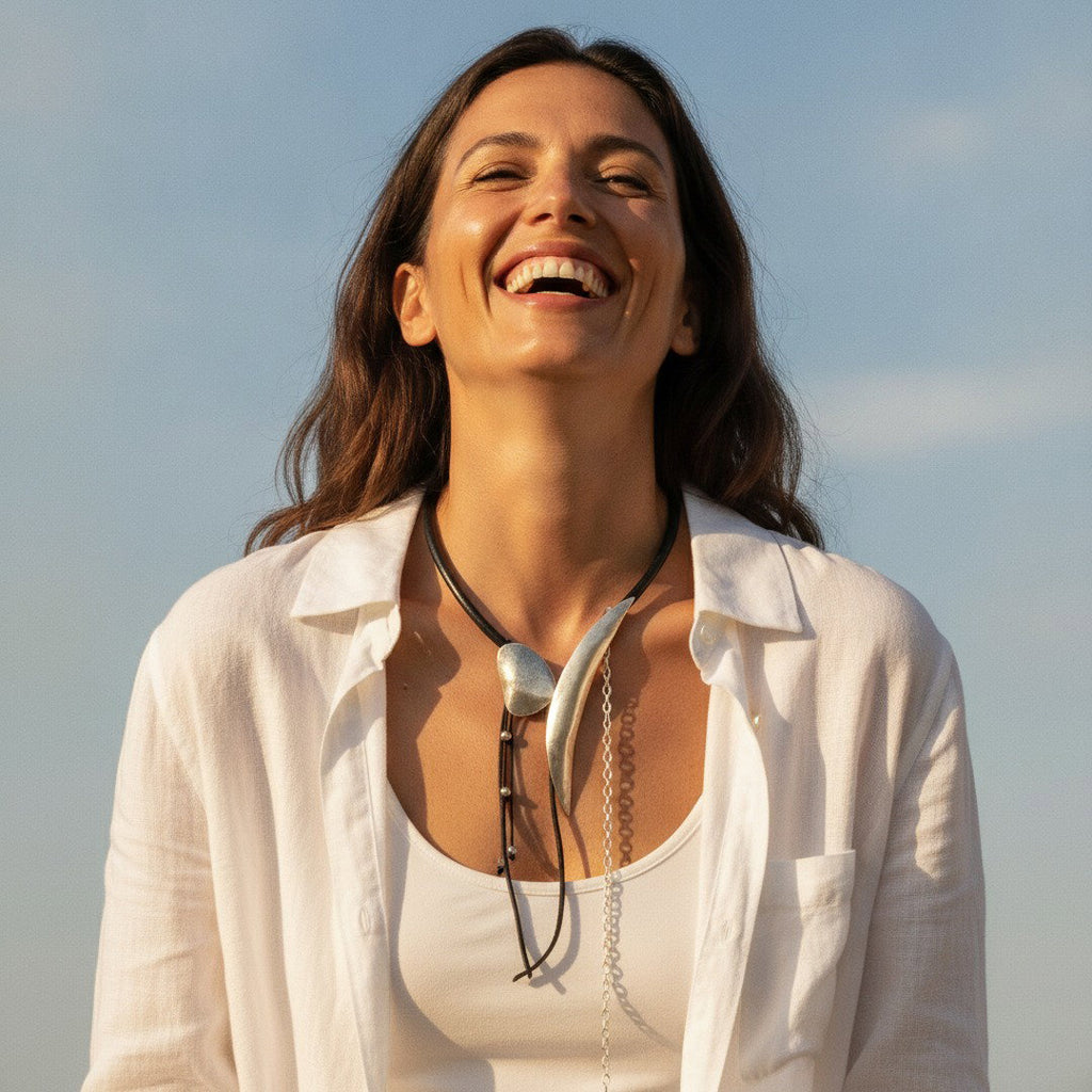 Silver Leather Lariat Necklace | Sculptural Horn Statement | Boho Chain Drop Wearable Art