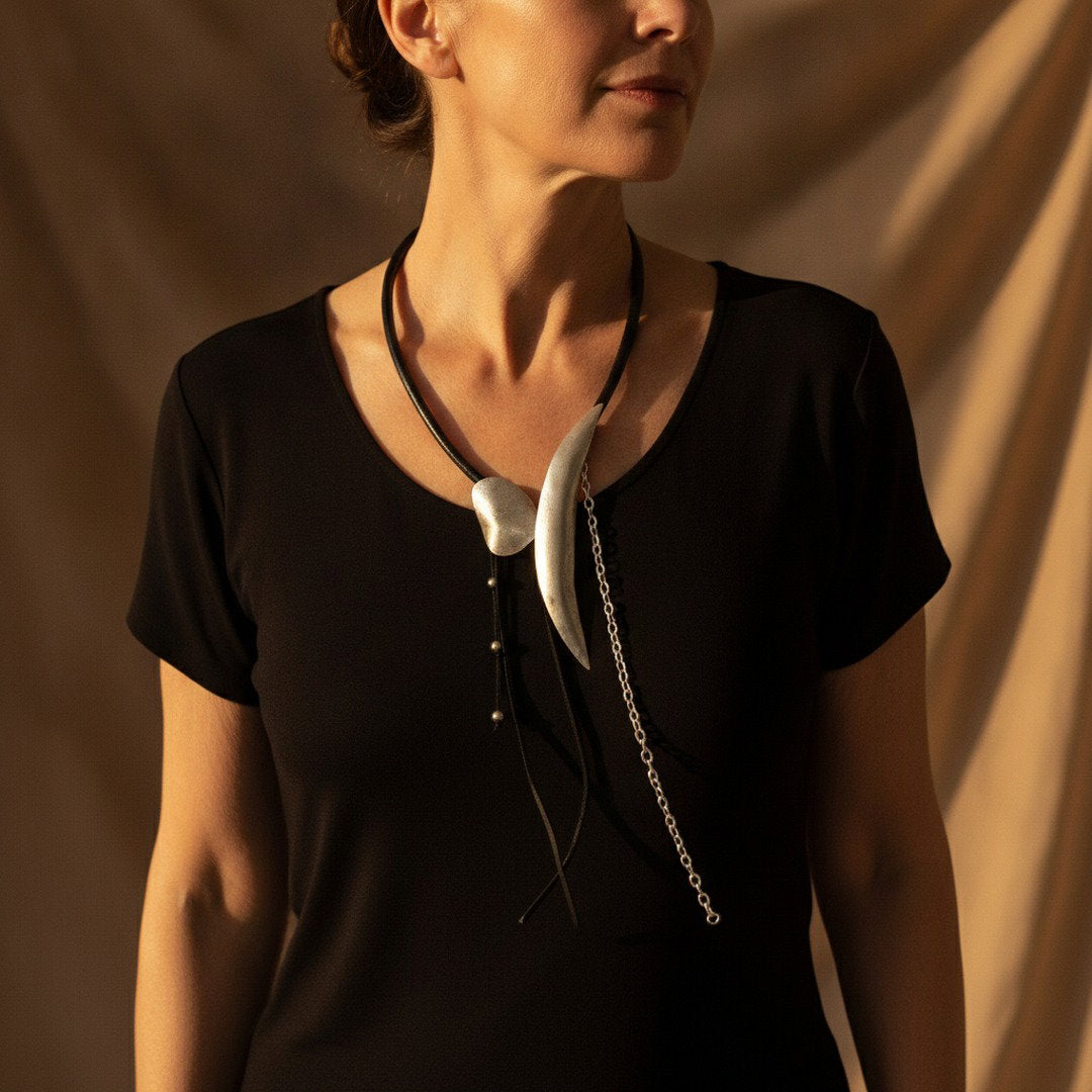 Silver Leather Lariat Necklace | Sculptural Horn Statement | Boho Chain Drop Wearable Art