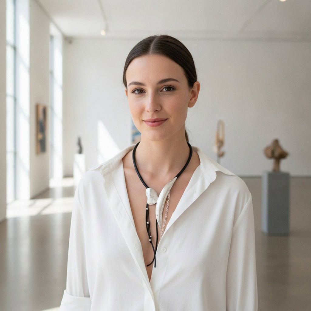 Silver Leather Lariat Necklace | Sculptural Horn Statement | Boho Chain Drop Wearable Art
