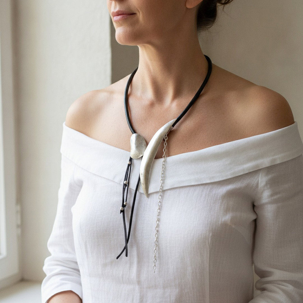 Silver Leather Lariat Necklace | Sculptural Horn Statement | Boho Chain Drop Wearable Art