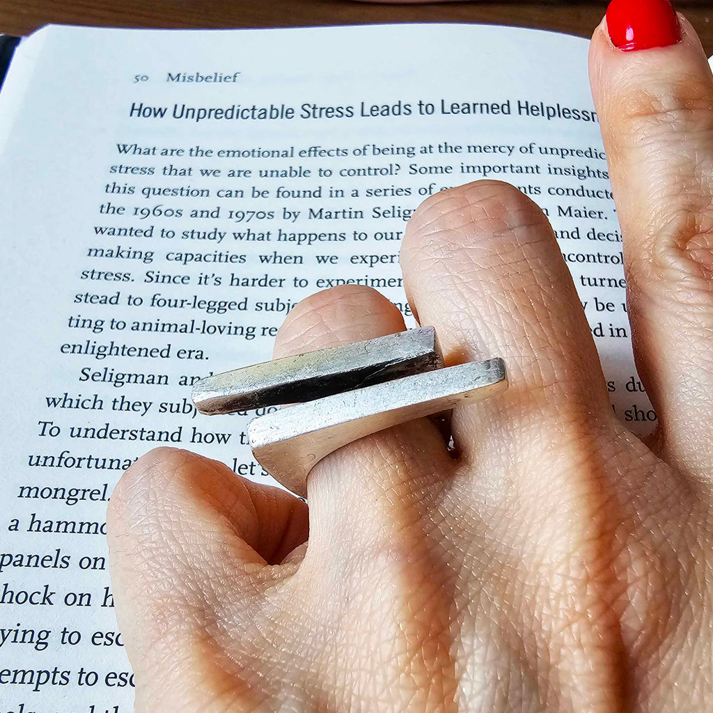 Double bar ring, parallel lines minimalist brutalist sculptural statement