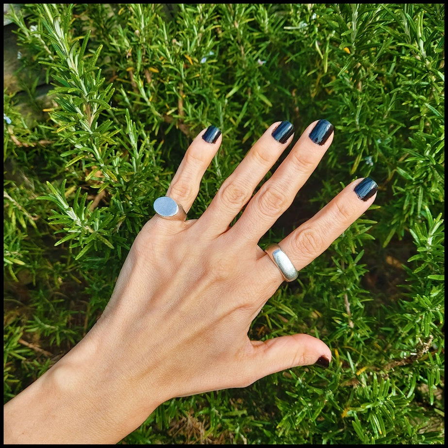 Oval signet ring, brushed textured brutalist adjustable silver pinky ring