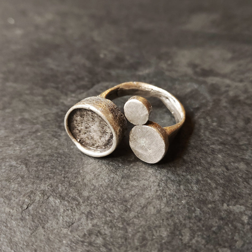 Asymmetric circle ring, moon disc brutalist adjustable silver wearable art