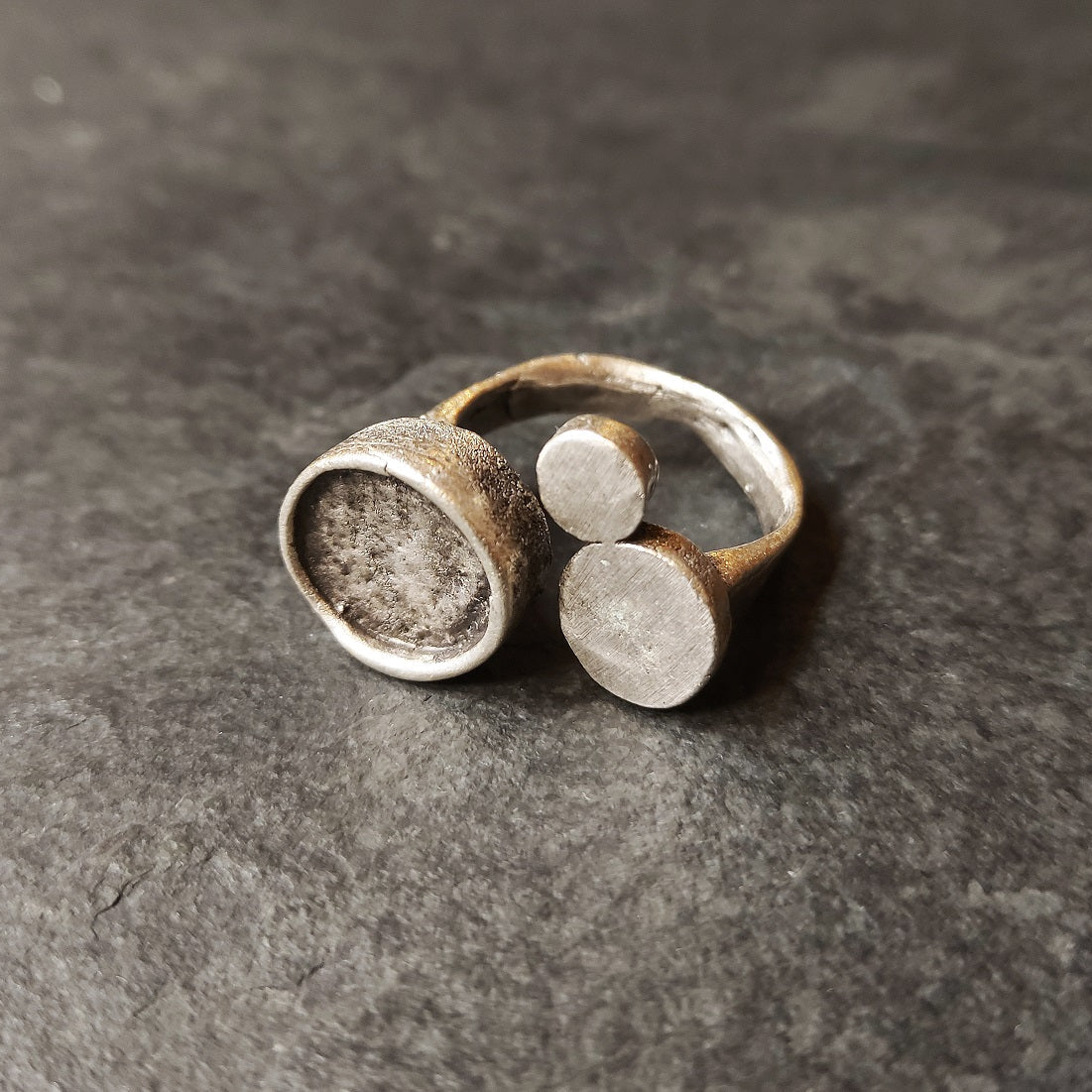 Asymmetric circle ring, moon disc brutalist adjustable silver wearable art
