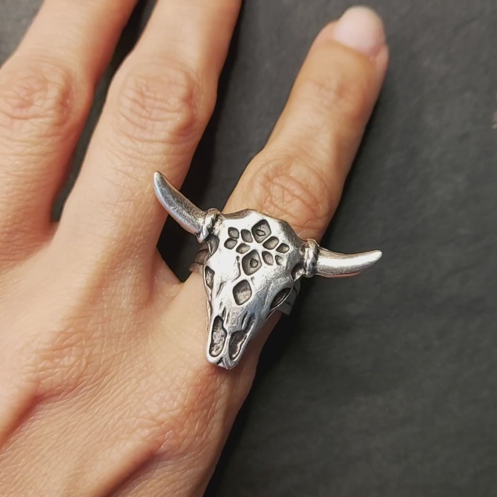 Bull Skull Ring with Horns | Silver Animal Statement Ring | Adjustable Brutalist Ring