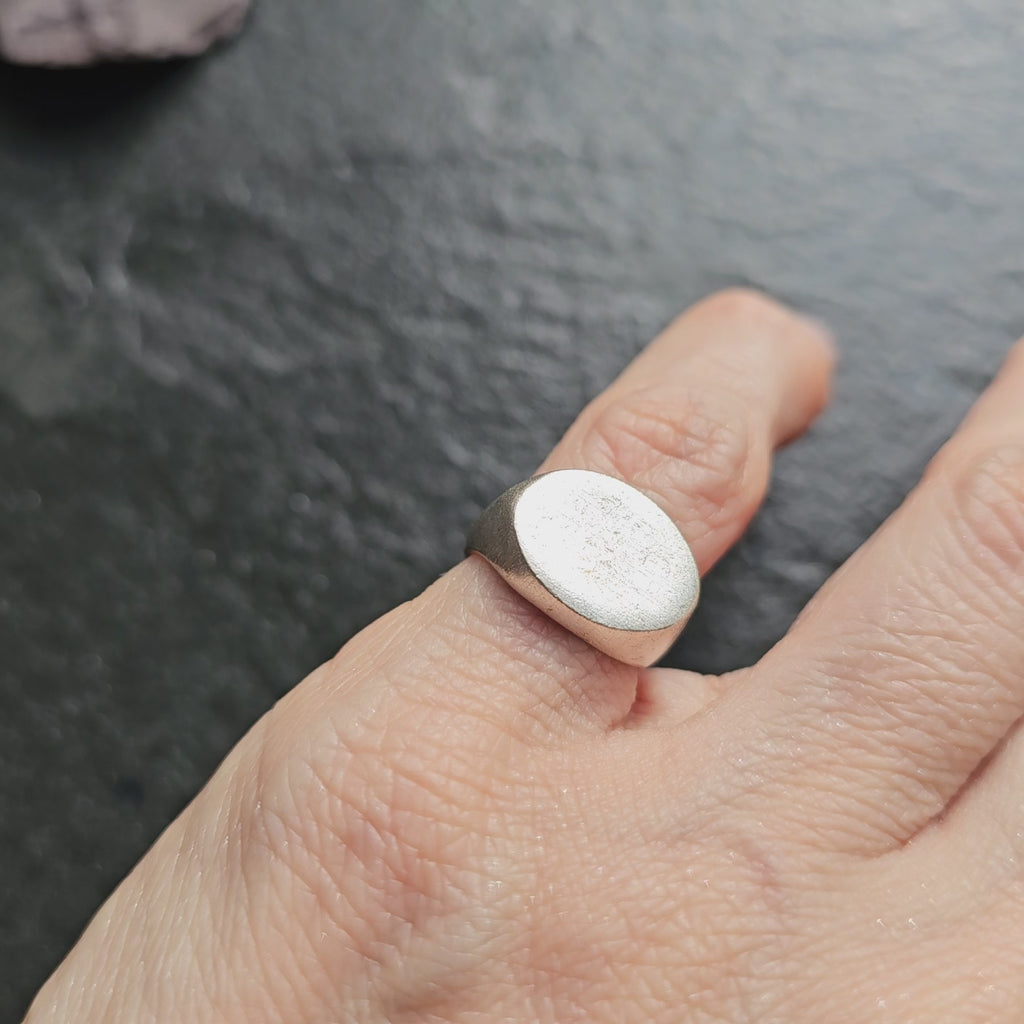Oval Signet Ring | Brushed Textured Brutalist Statement Ring | Adjustable Silver Pinky Ring