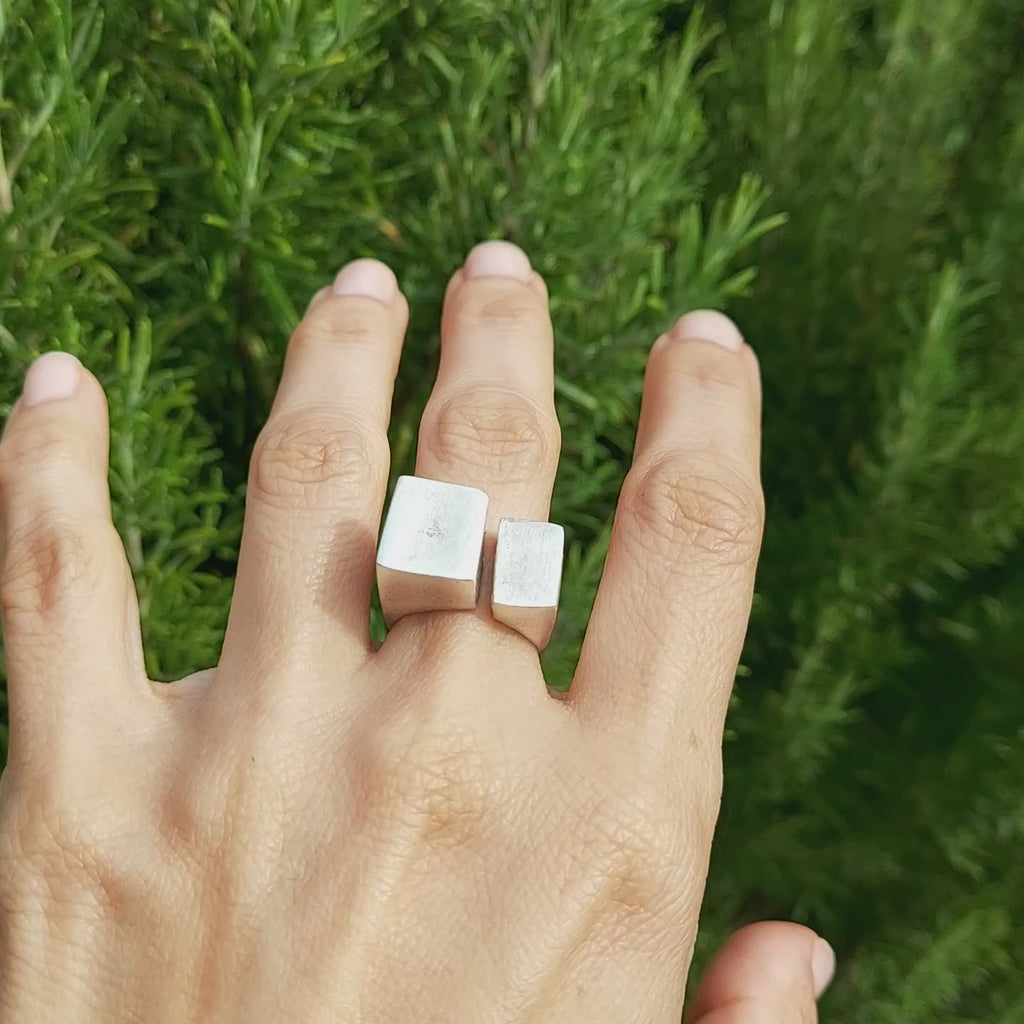 Double Cube Ring | Asymmetric Square Brutalist Statement Ring | Sculptural Silver Modernist Jewellery