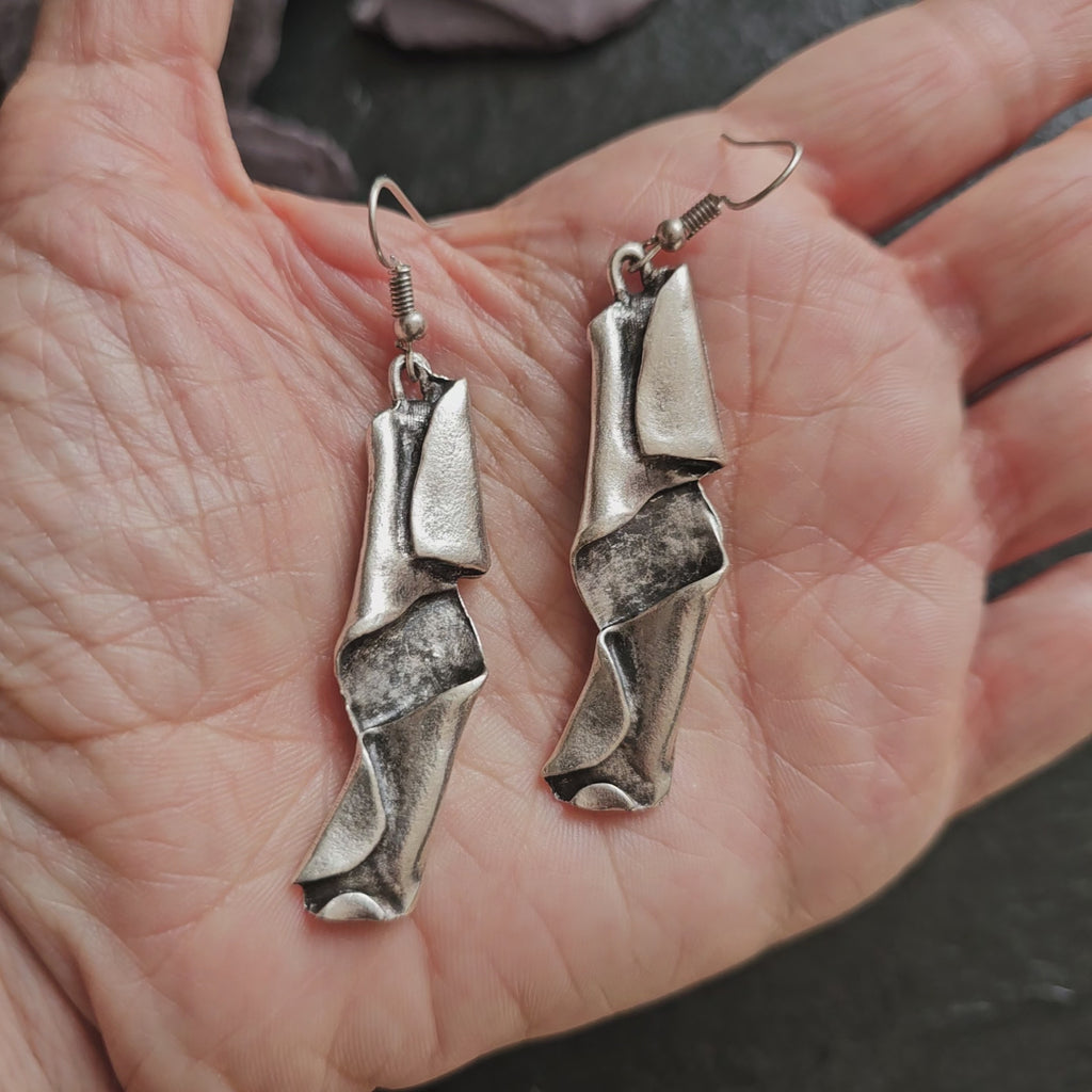 Brutalist Silver Dangle Earrings | Sculptural Folded Abstract Jewellery | Wearable Art Statement Earrings