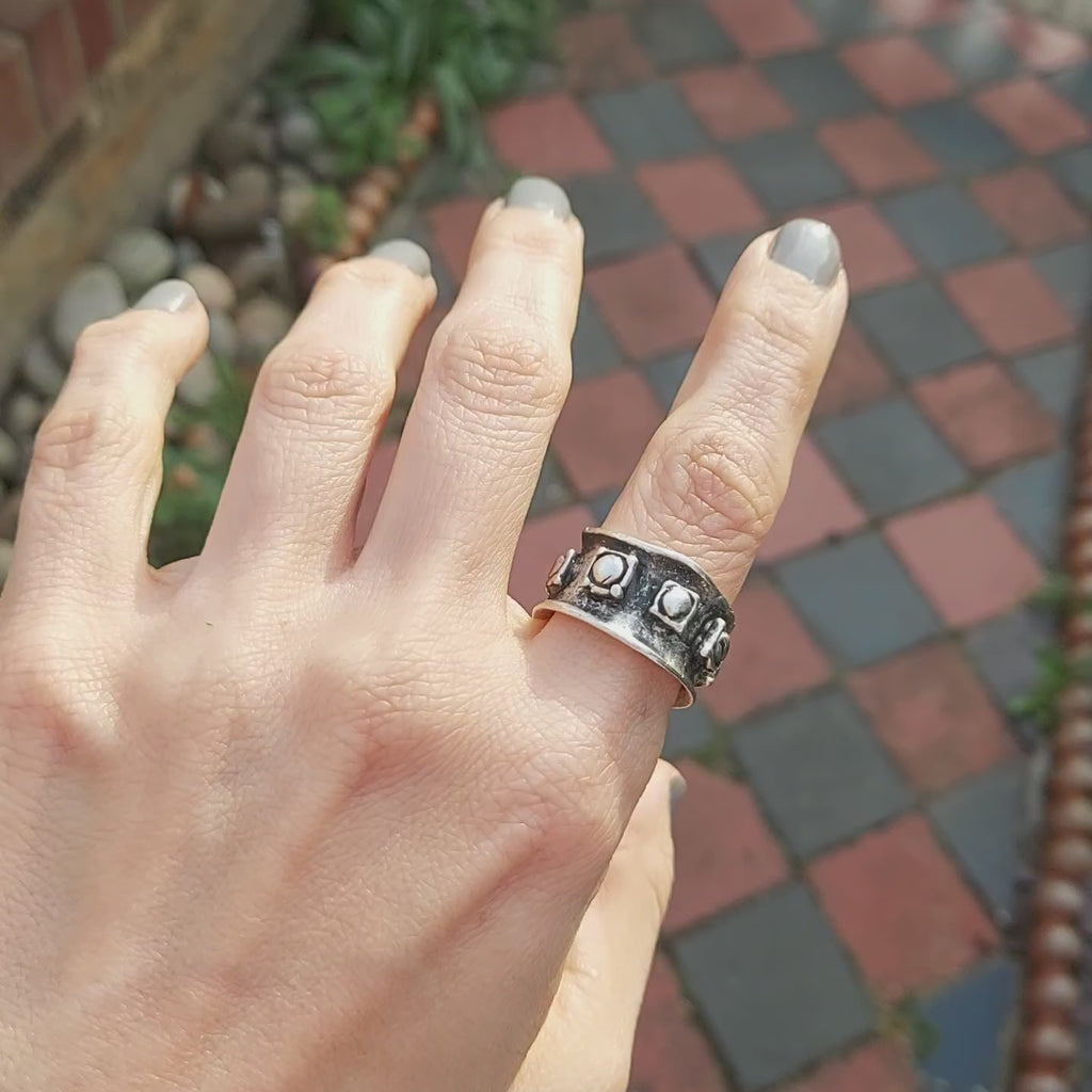 Silver Shield Ring | Raw Engraved Medieval Band Ring | Adjustable Chunky Brutalist Ring