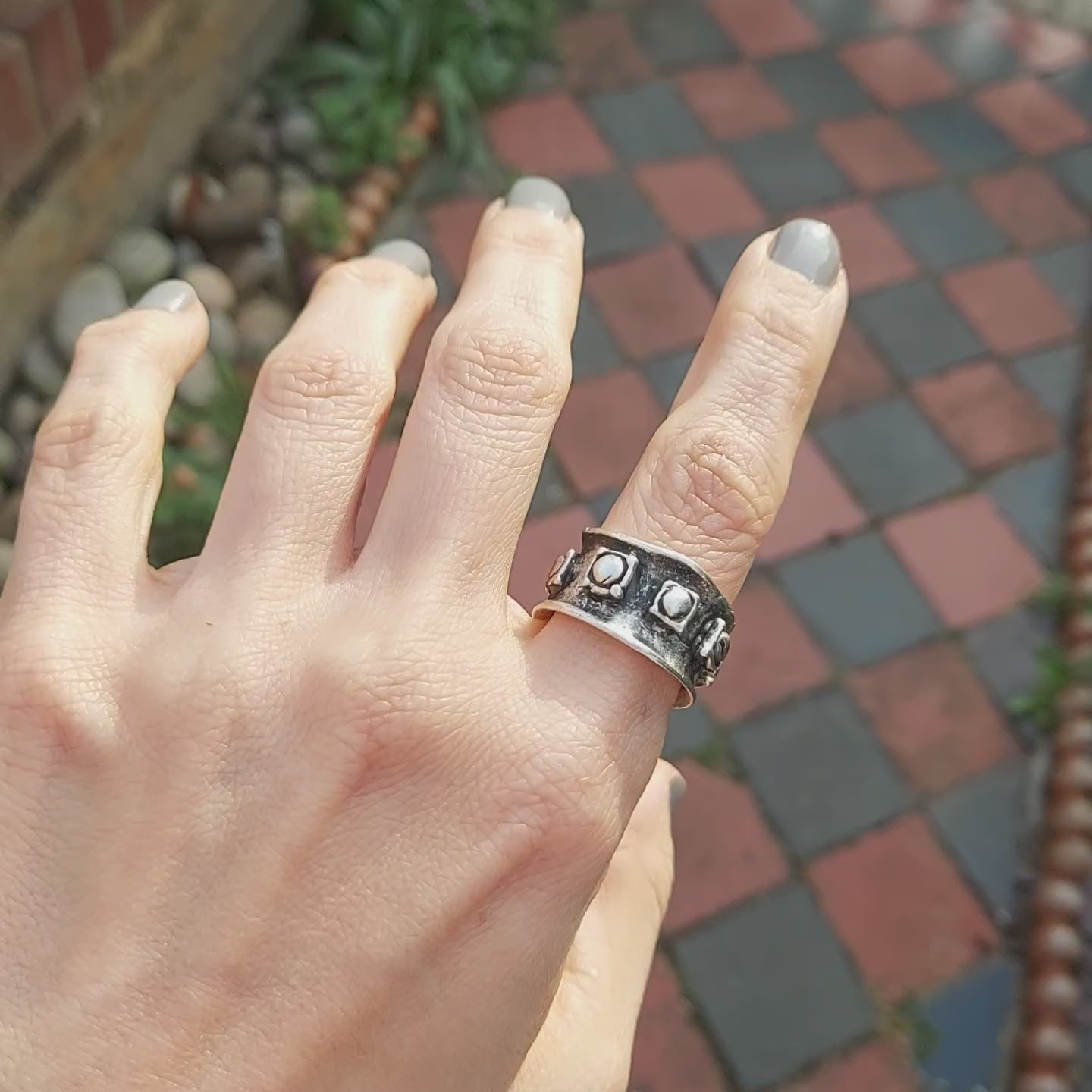 Silver Shield Ring | Raw Engraved Medieval Band Ring | Adjustable Chunky Brutalist Ring