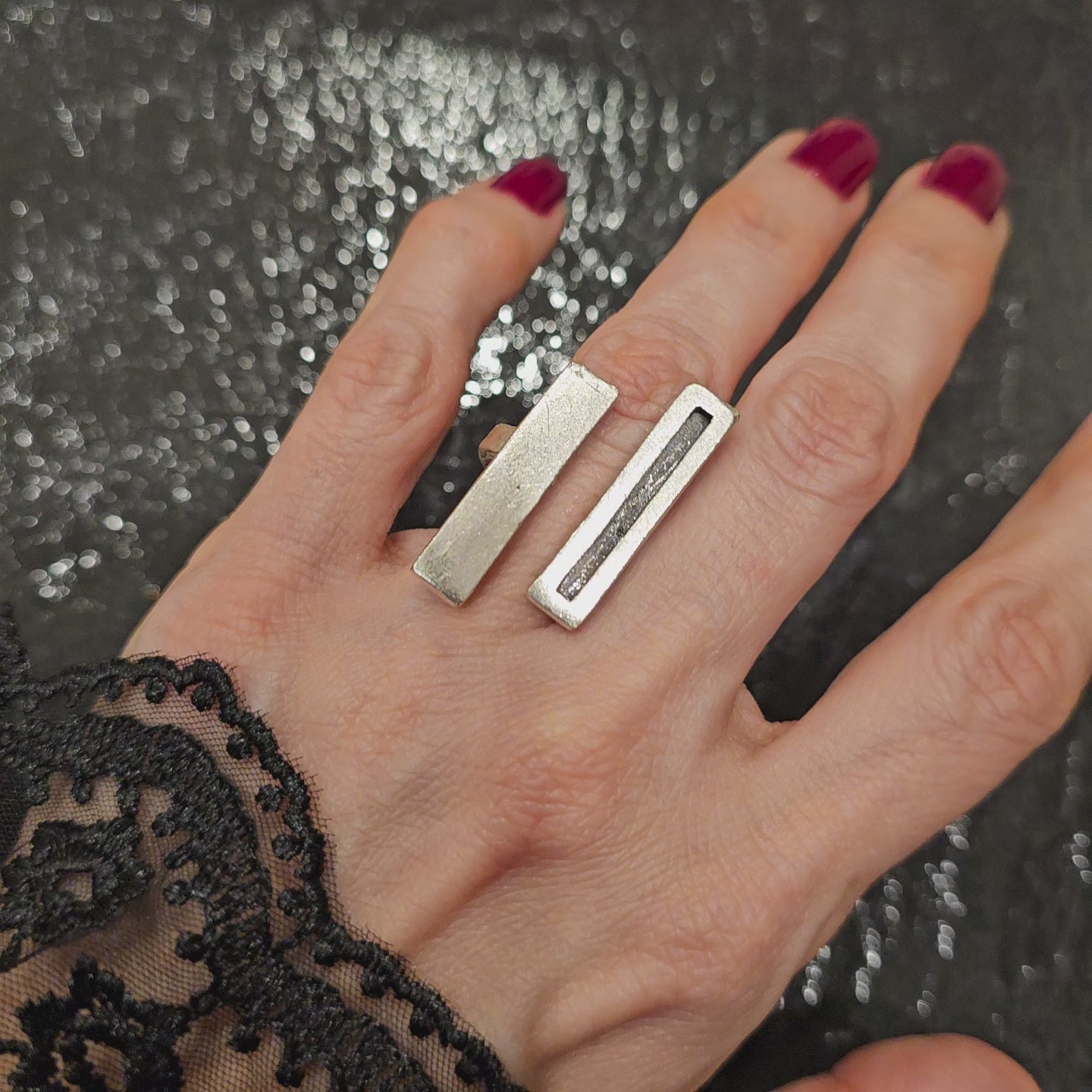Brutalist Double Lines Ring | Adjustable Modernist Abstract Ring | Sculptural Silver Statement Jewellery
