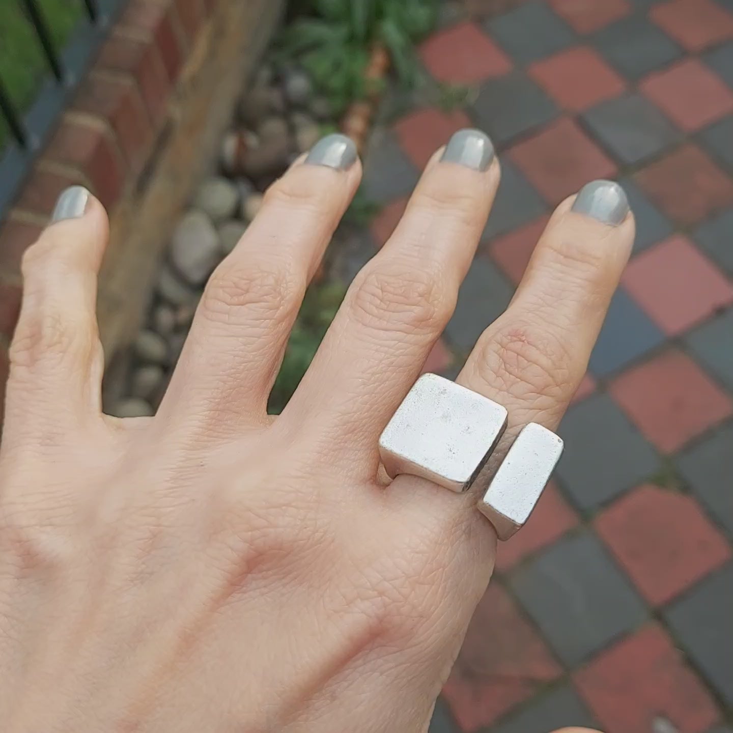 Geometric Square Ring | Brutalist Two Shape Silver Ring | Chunky Architectural Statement Ring