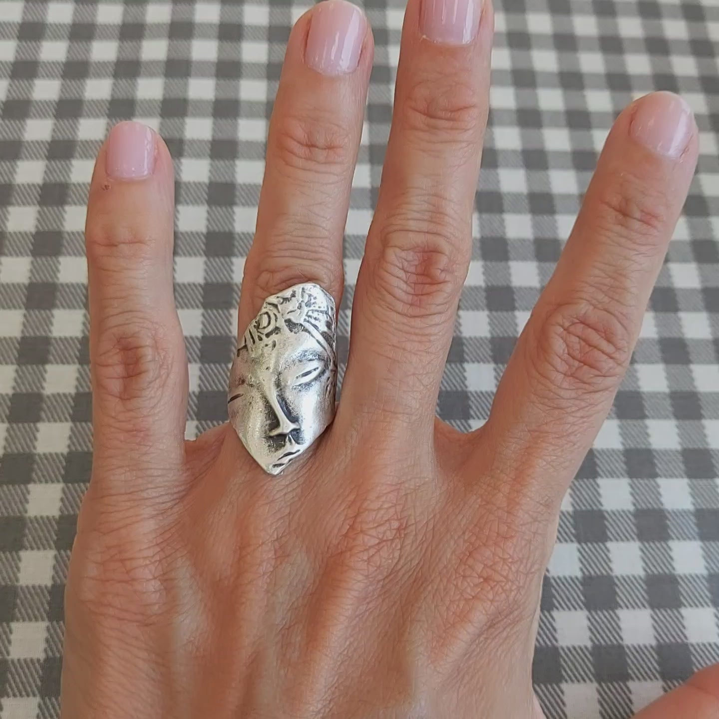 Greek Face Mask Ring | Antique Silver Sculptural Adjustable Statement | Wearable Art Jewellery