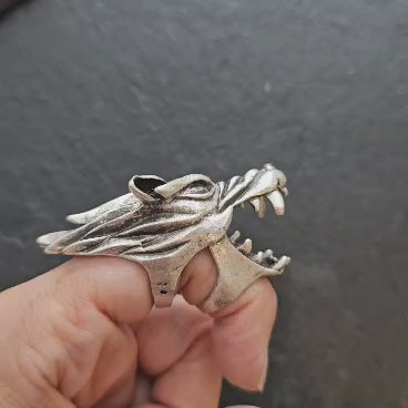 Articulated Dragon Knuckle Ring | Movable Head & Jaw | Adjustable Silver Statement Ring