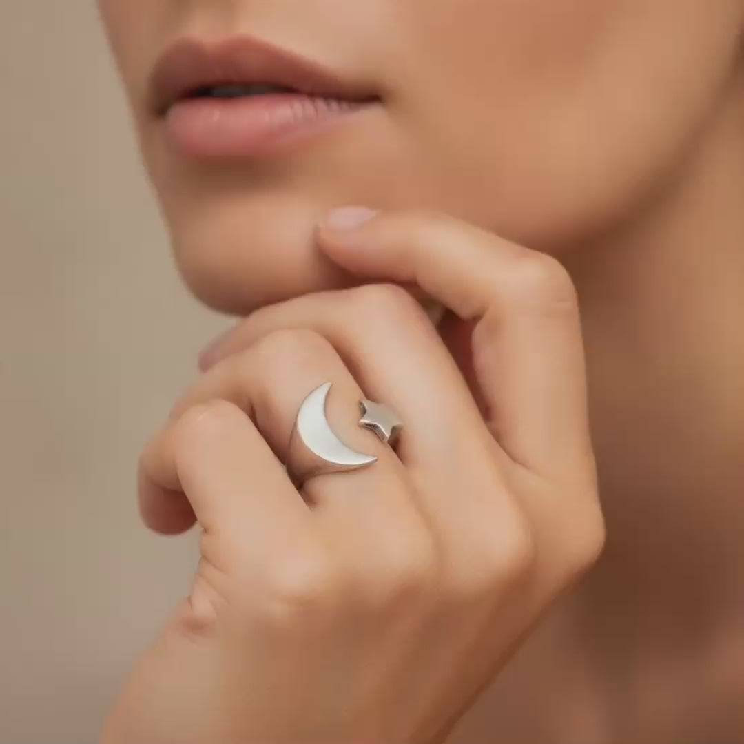 Moon and Star Ring | Adjustable Silver Celestial Open Band | Boho Cosmic Statement