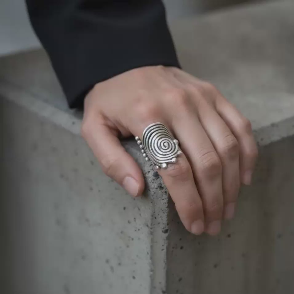Spiral Disc Statement Ring | Sculptural Silver Concentric Swirl