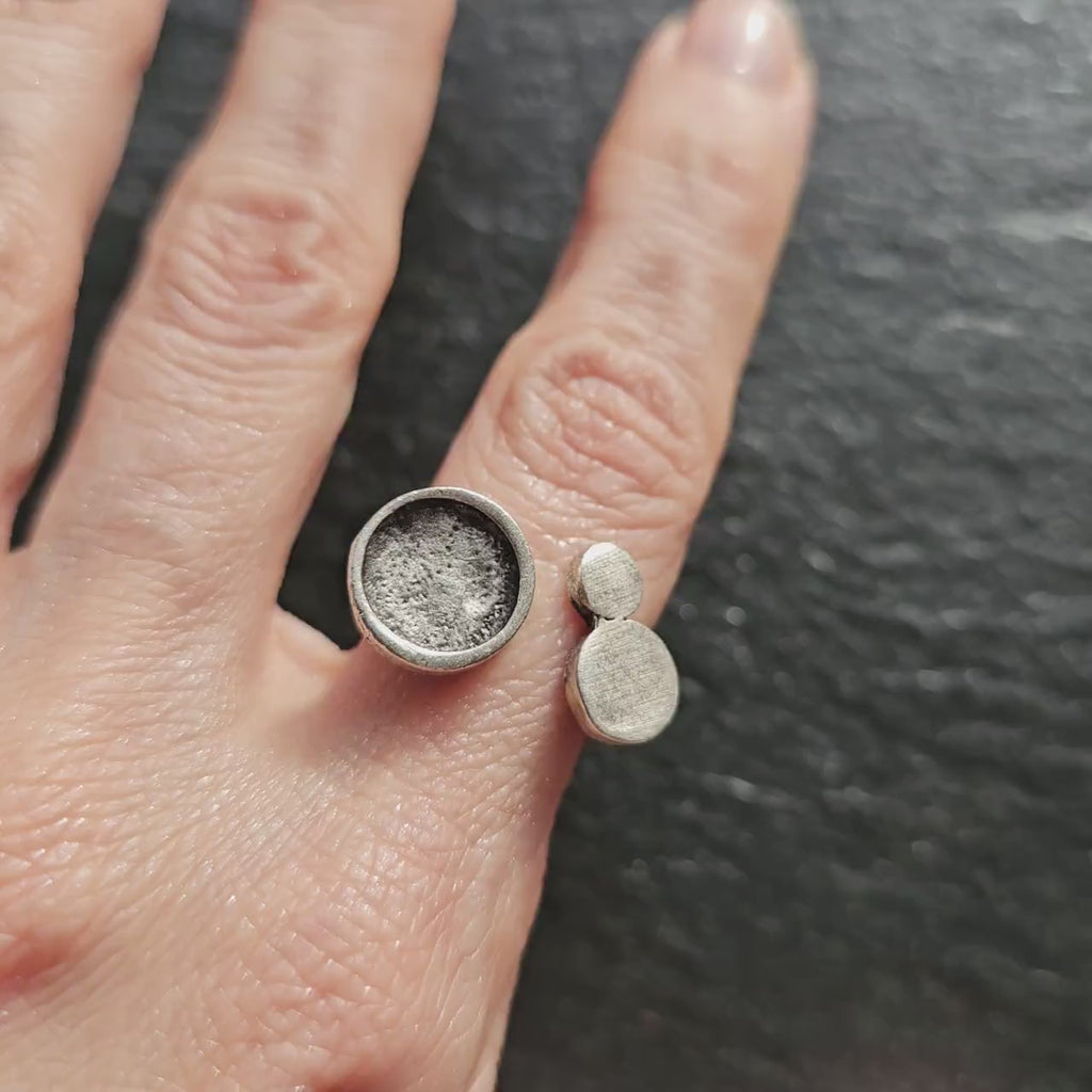 Asymmetric Circle Ring | Moon Disc Brutalist Statement Ring | Adjustable Silver Wearable Art Ring