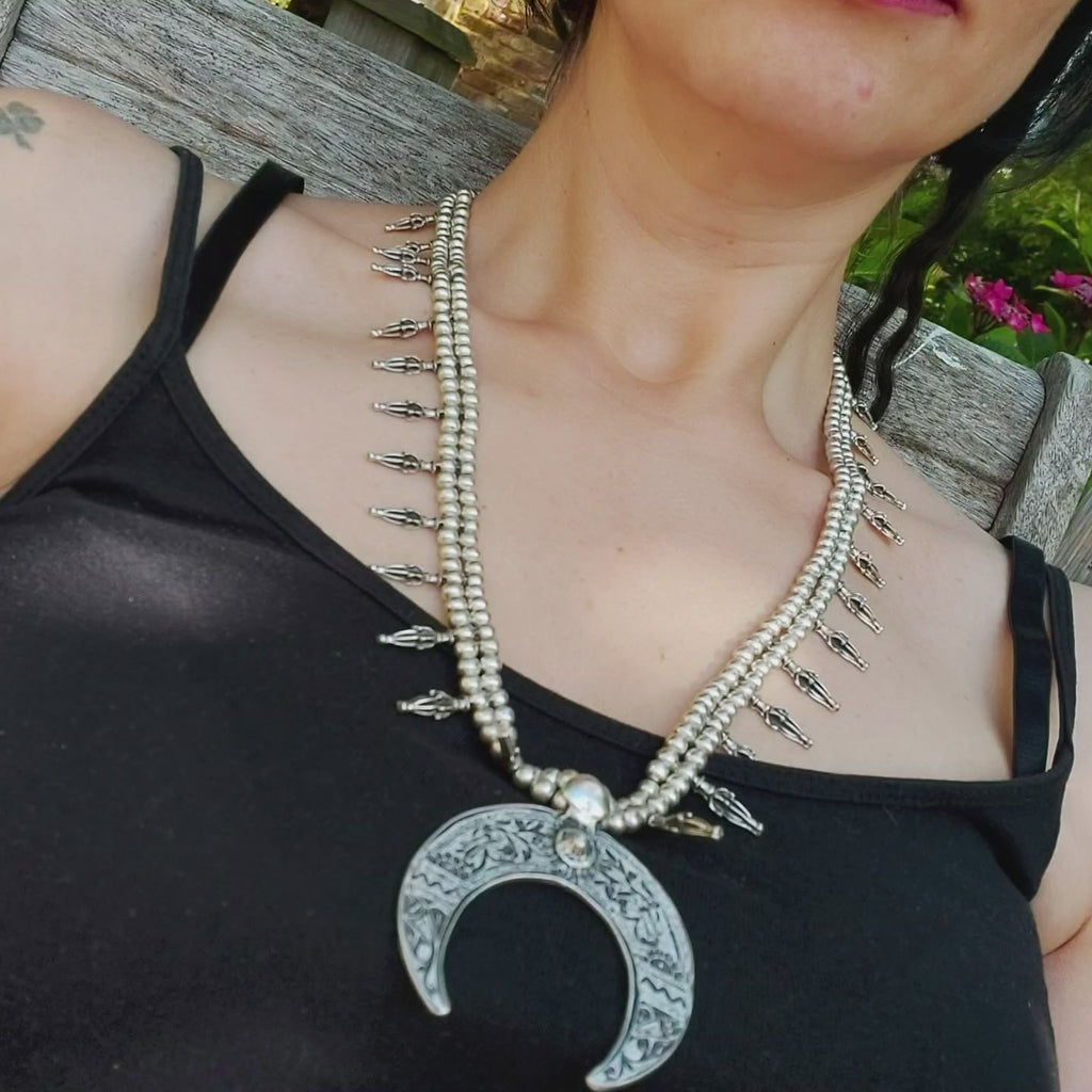 Silver Crescent Moon Necklace | Tuareg African Fringe Choker | Floral Lunar Statement Necklace