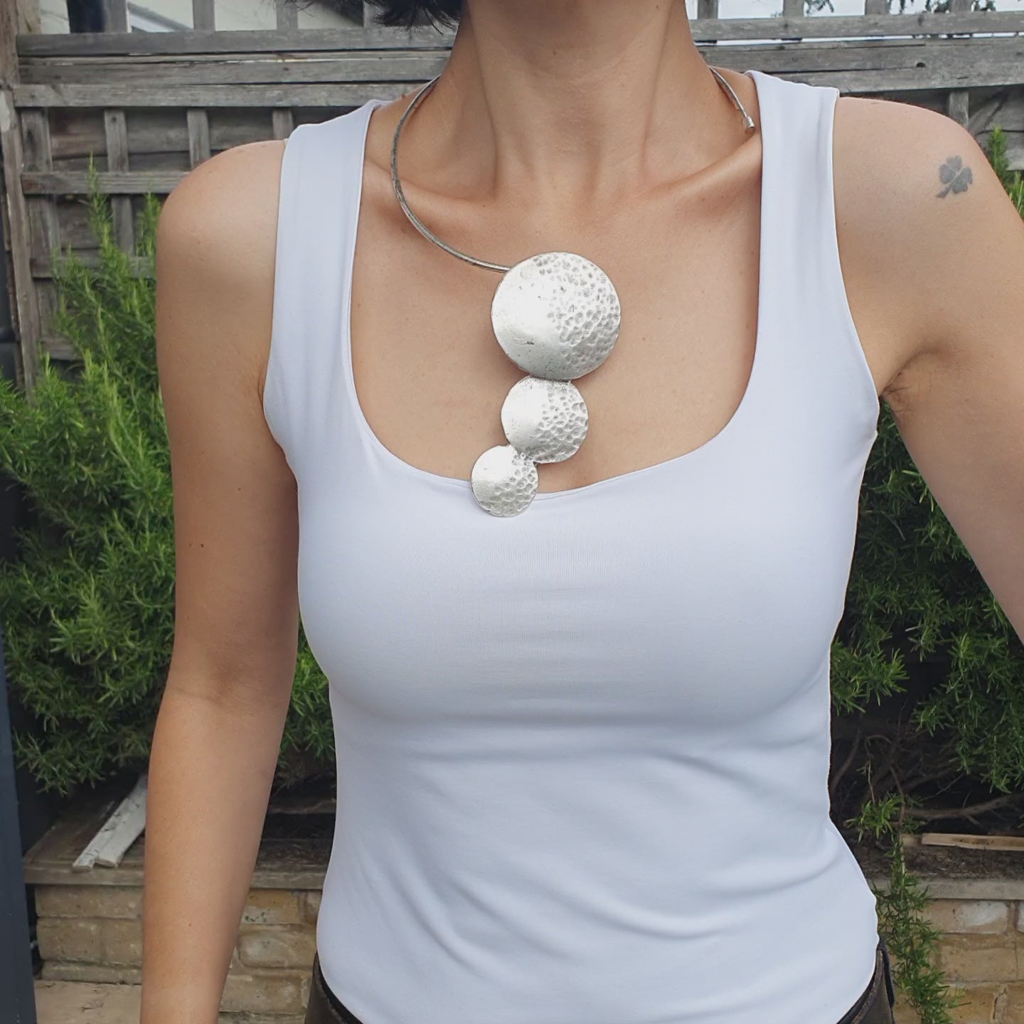 Silver Modernist Choker Necklace | Abstract Hammered Disc Pendant | Sculptural Statement Collar Necklace