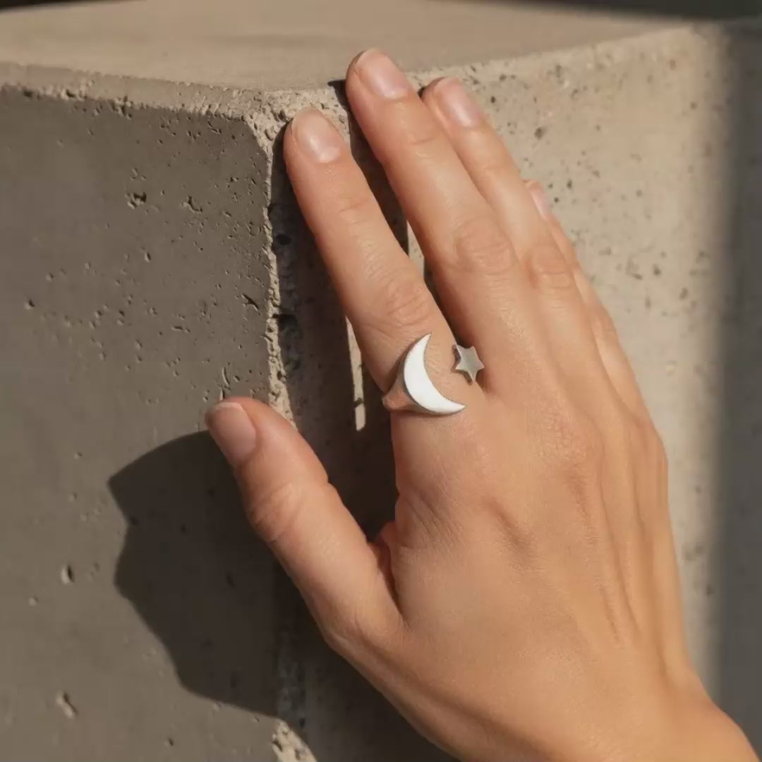 Moon and Star Ring | Adjustable Silver Celestial Open Band | Boho Cosmic Statement