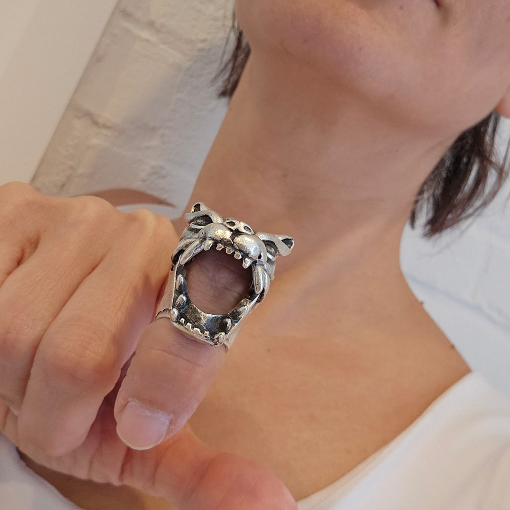 Articulated Dragon Knuckle Ring | Movable Head & Jaw | Adjustable Silver Statement Ring