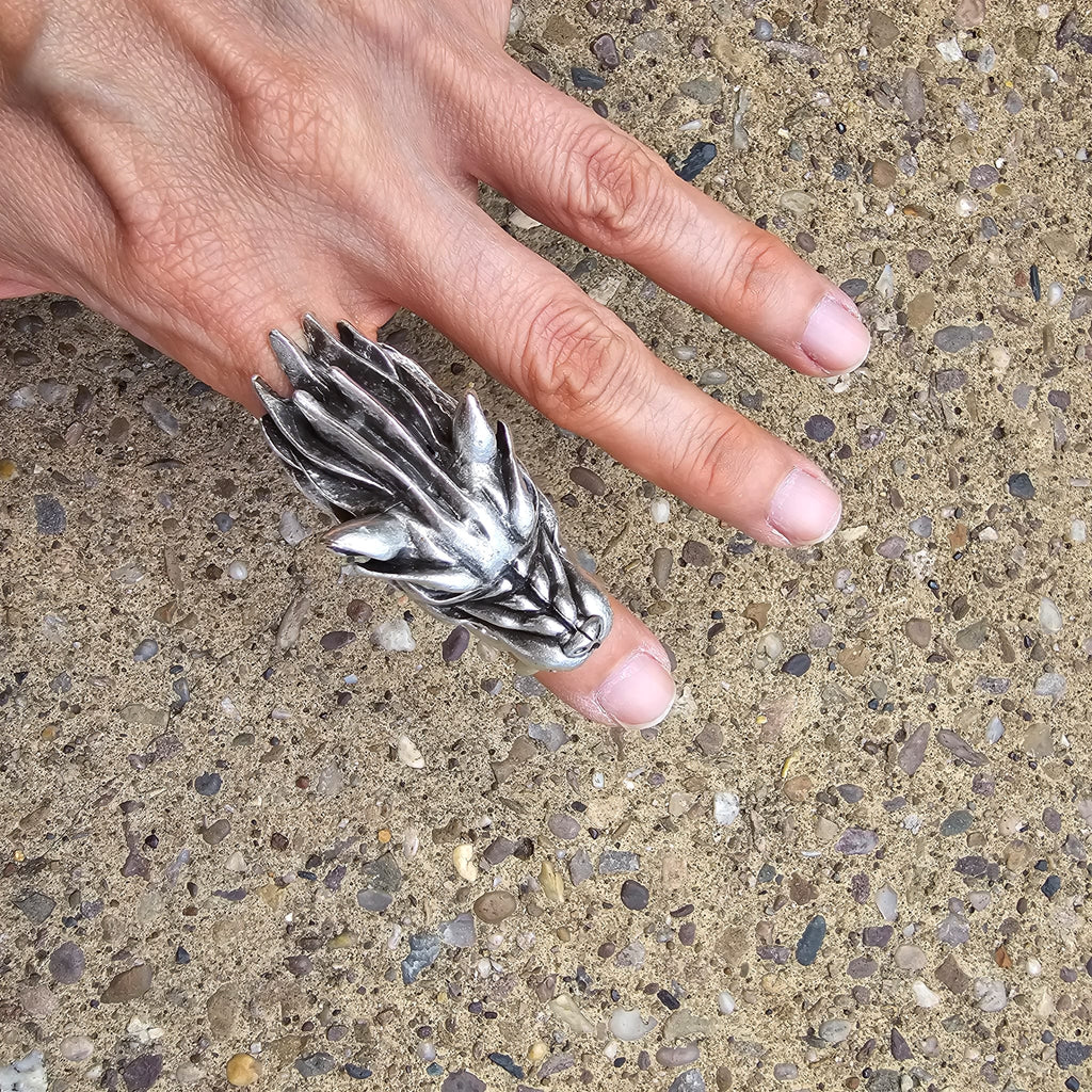 Articulated Dragon Knuckle Ring | Movable Head & Jaw | Adjustable Silver Statement Ring