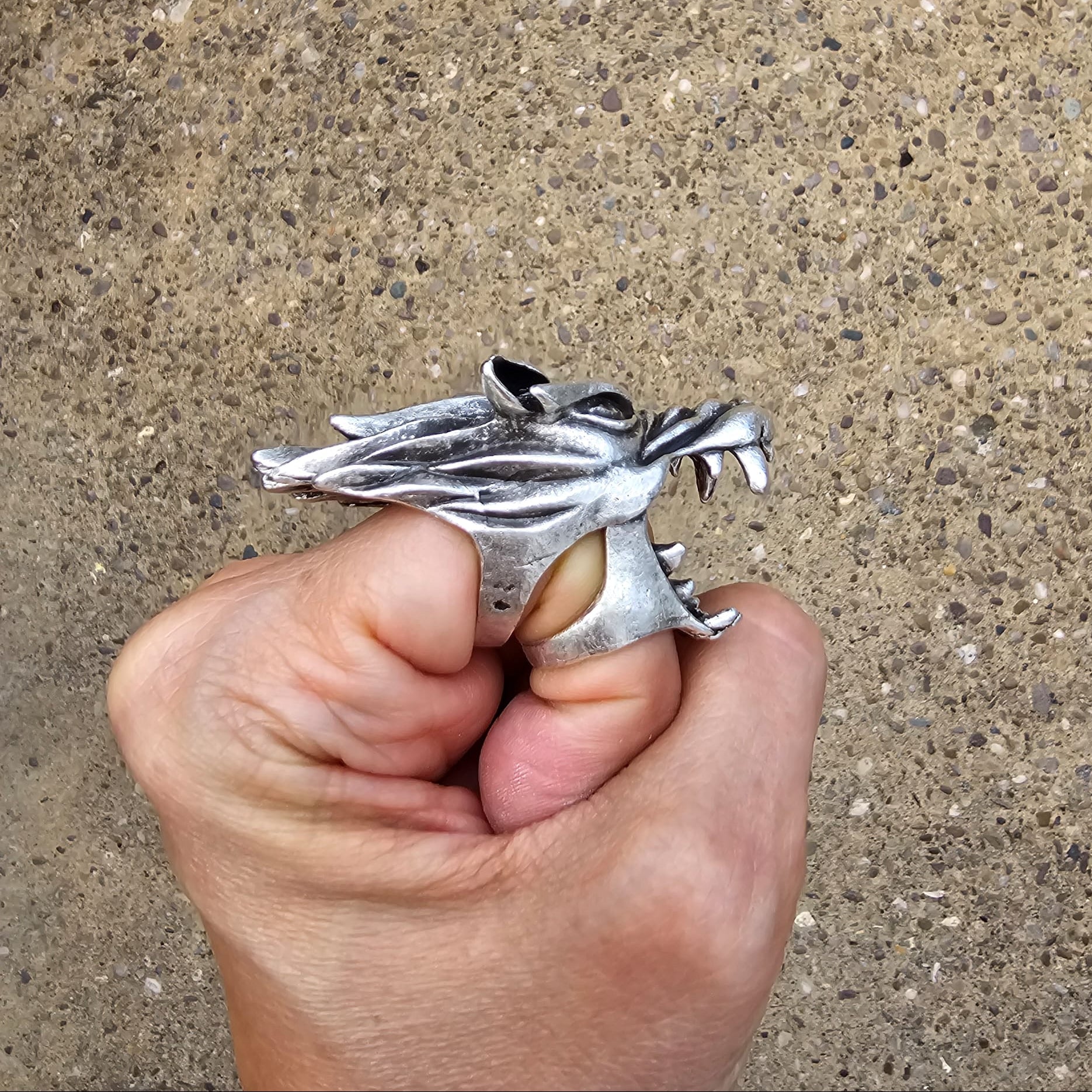 Articulated Dragon Knuckle Ring | Movable Head & Jaw | Adjustable Silver Statement Ring