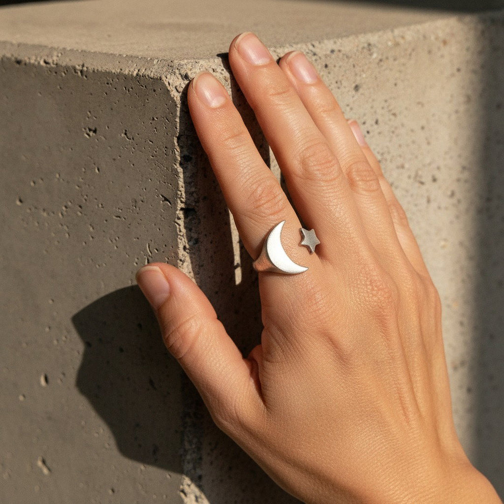 Moon and Star Ring | Adjustable Silver Celestial Open Band | Boho Cosmic Statement