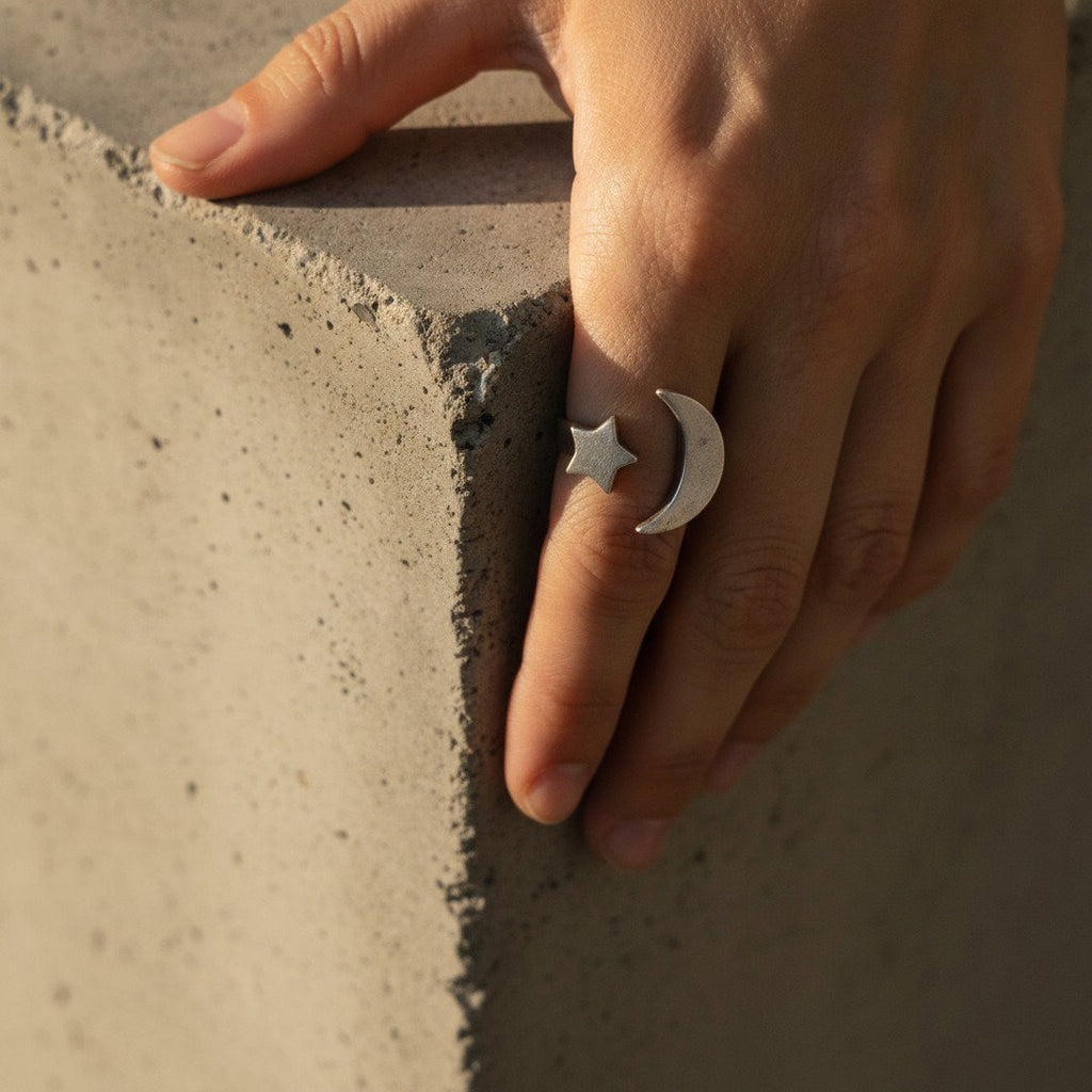 Moon and Star Ring | Adjustable Silver Celestial Open Band | Boho Cosmic Statement