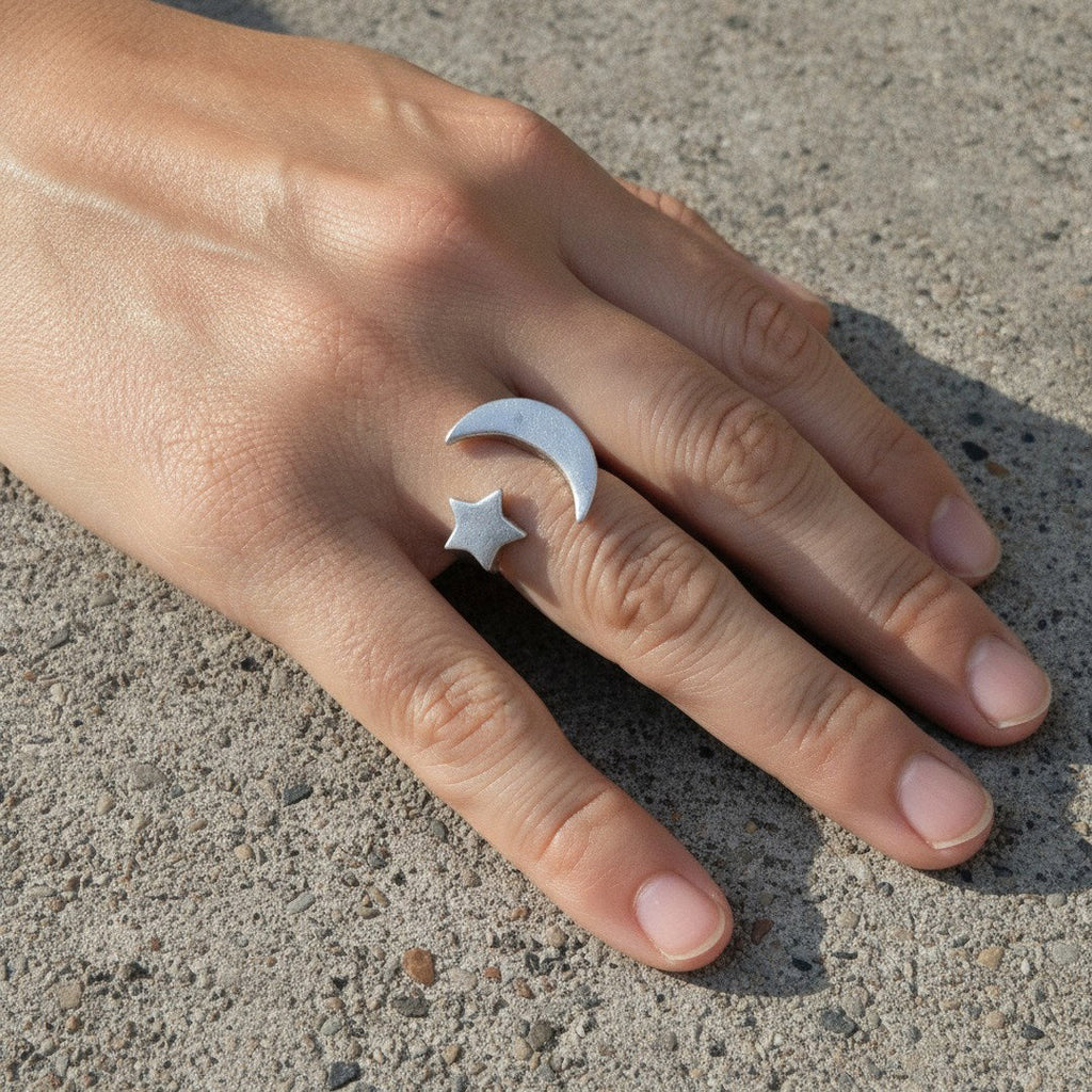 Moon and Star Ring | Adjustable Silver Celestial Open Band | Boho Cosmic Statement