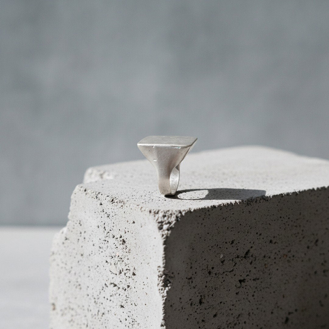Modernist square silver signet ring, sculptural bold statement piece