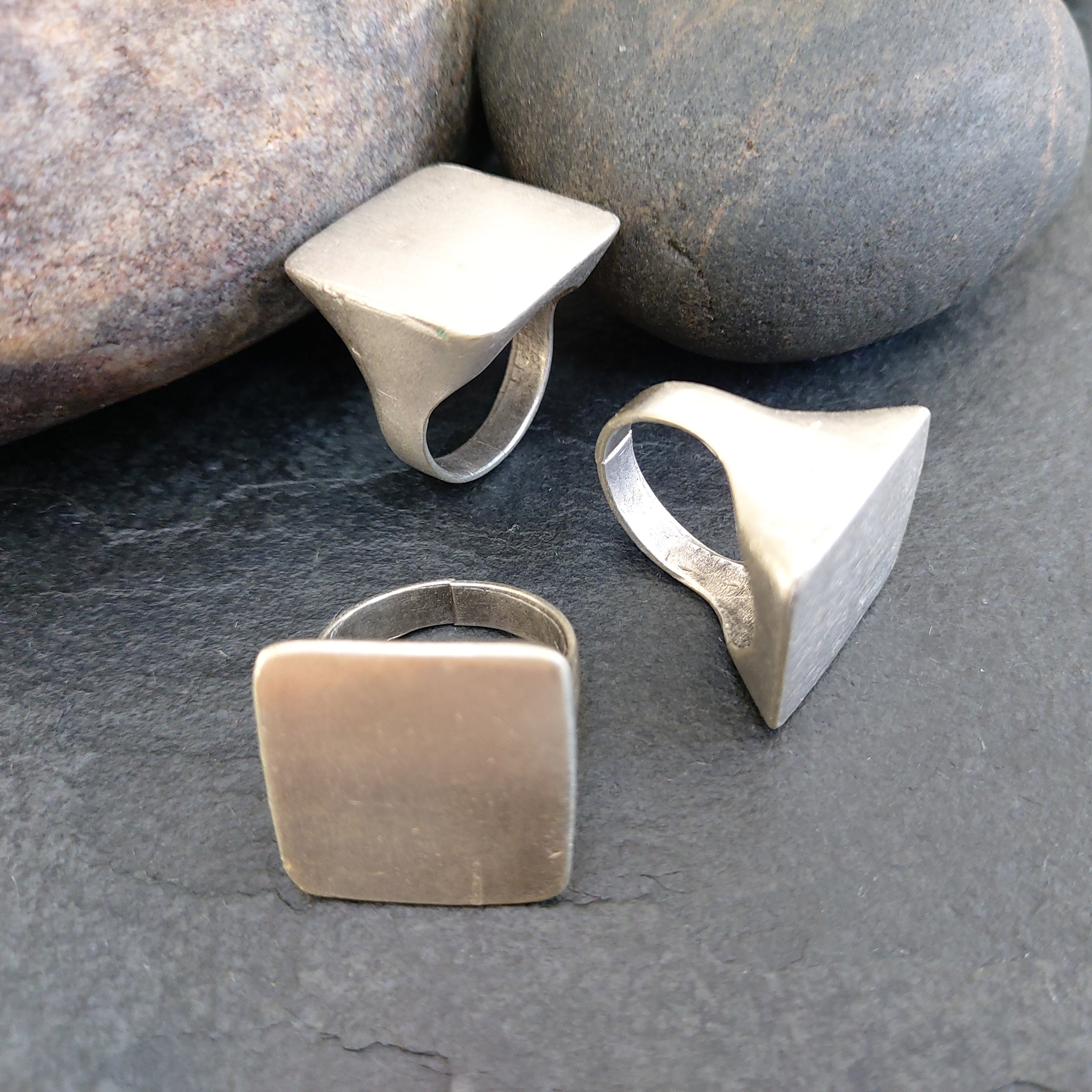 Square silver signet statement ring, minimalist geometric brutalist design