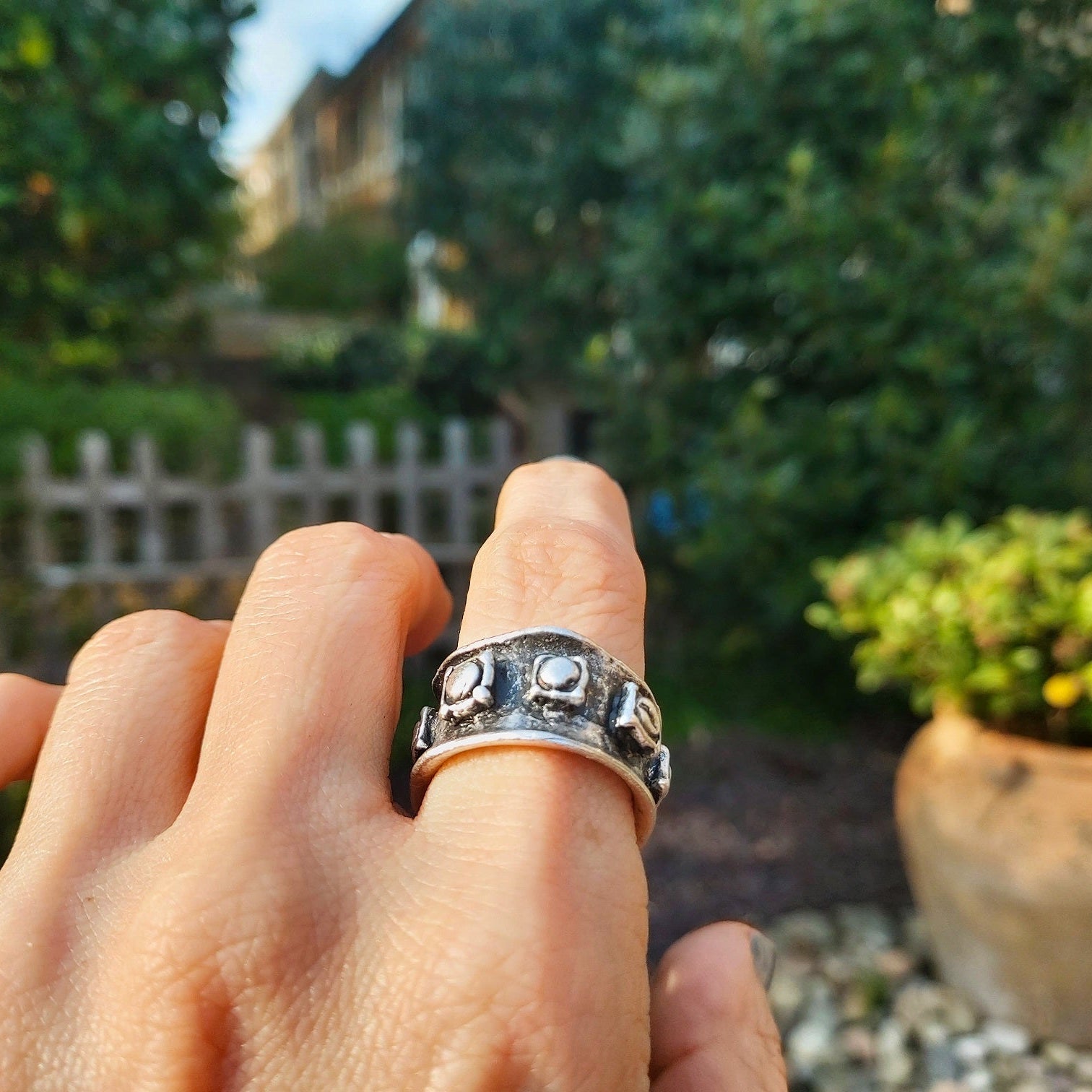 Silver shield ring, raw engraved medieval band adjustable chunky brutalist ring