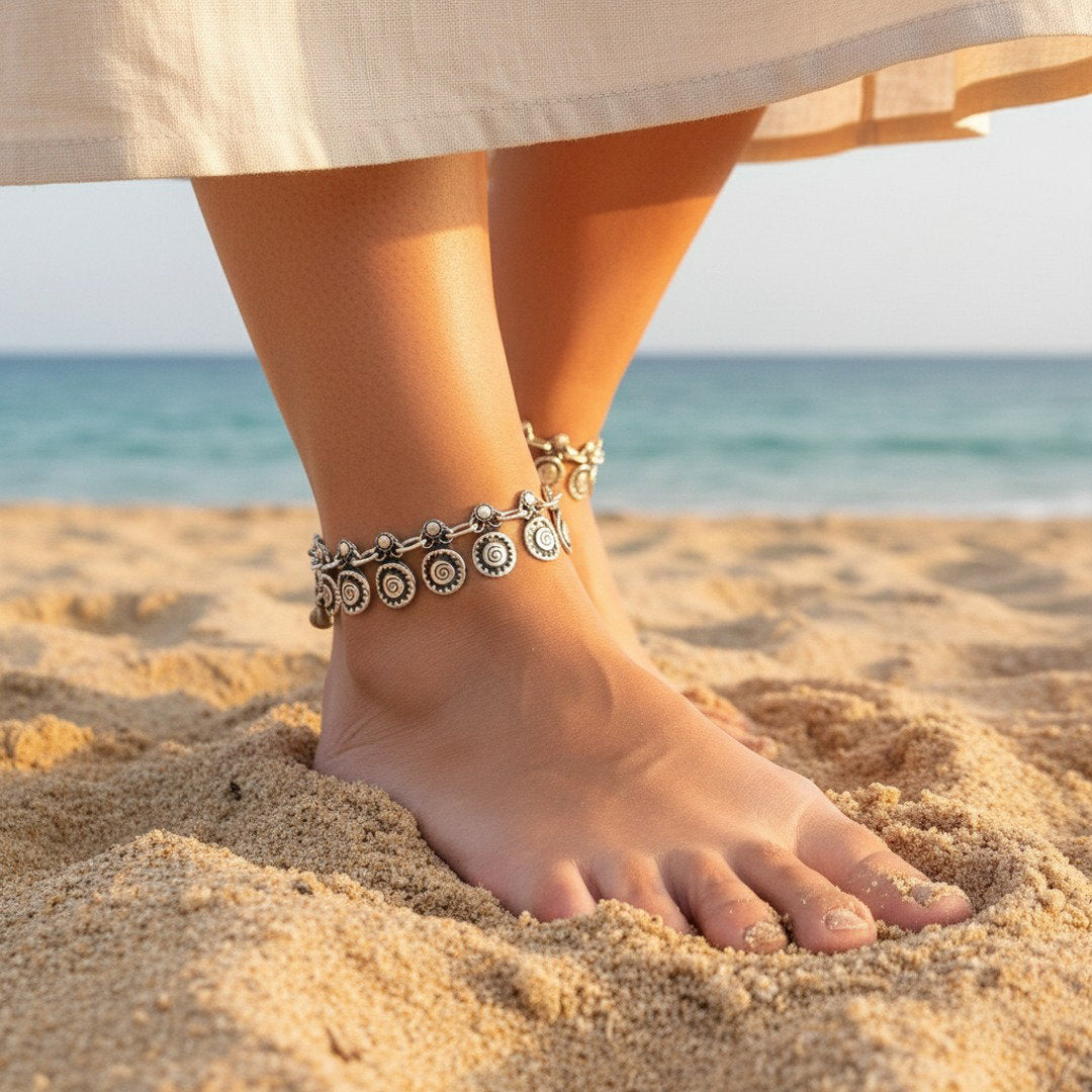 Silver spiral charm anklet, boho beach foot jewellery