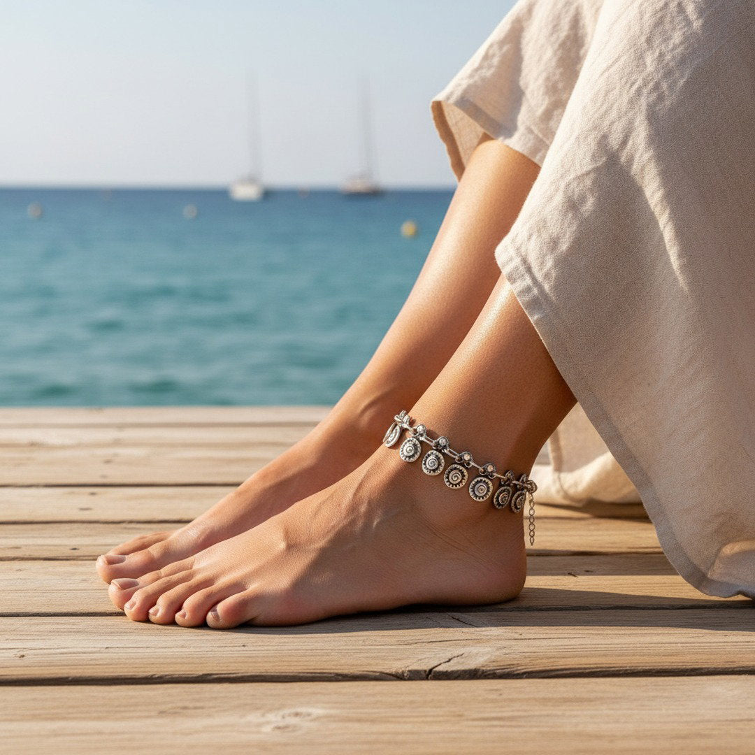 Silver spiral charm anklet, boho beach foot jewellery