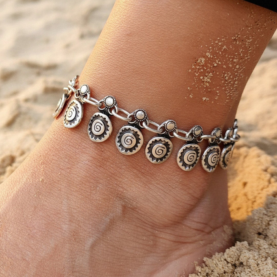 Silver spiral charm anklet, boho beach foot jewellery