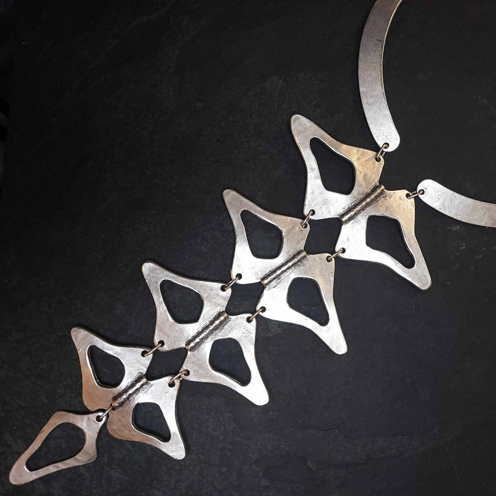 Anatomical brutalist necklace, sculptural silver collar statement jewellery