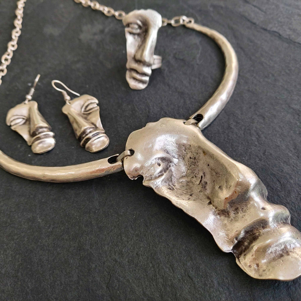 Brutalist greek face necklace, sculptural abstract modernist collar pendant