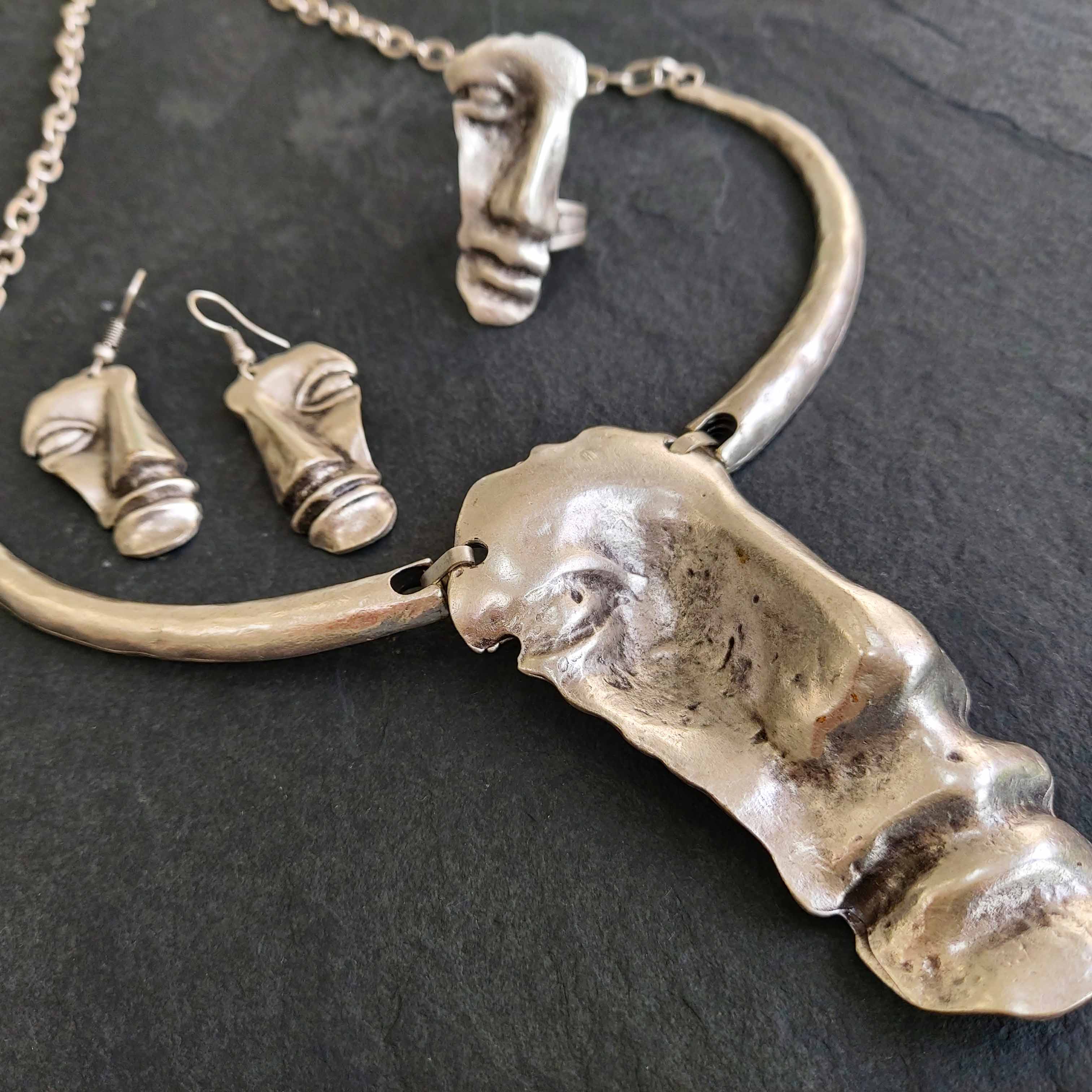 Brutalist greek face necklace, sculptural abstract modernist collar pendant
