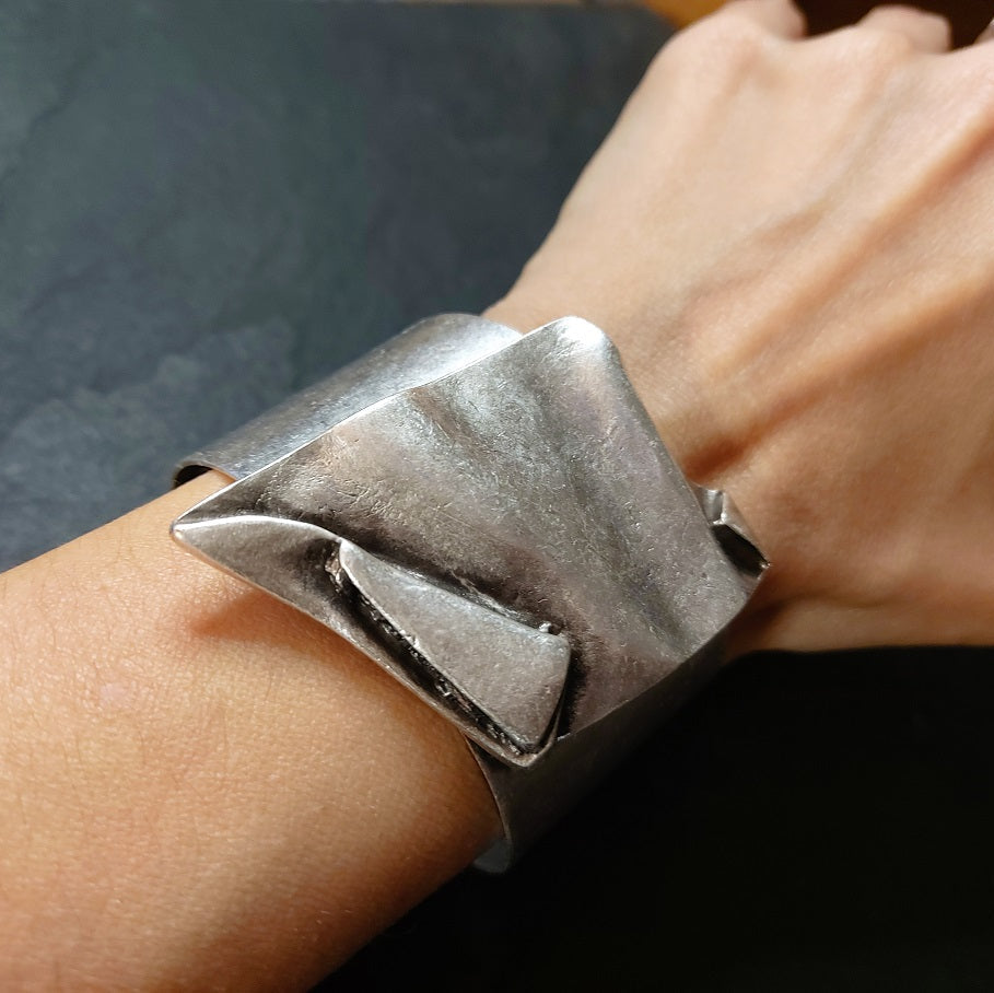 Brutalist chunky wide folded silver sculptural statement cuff bracelet