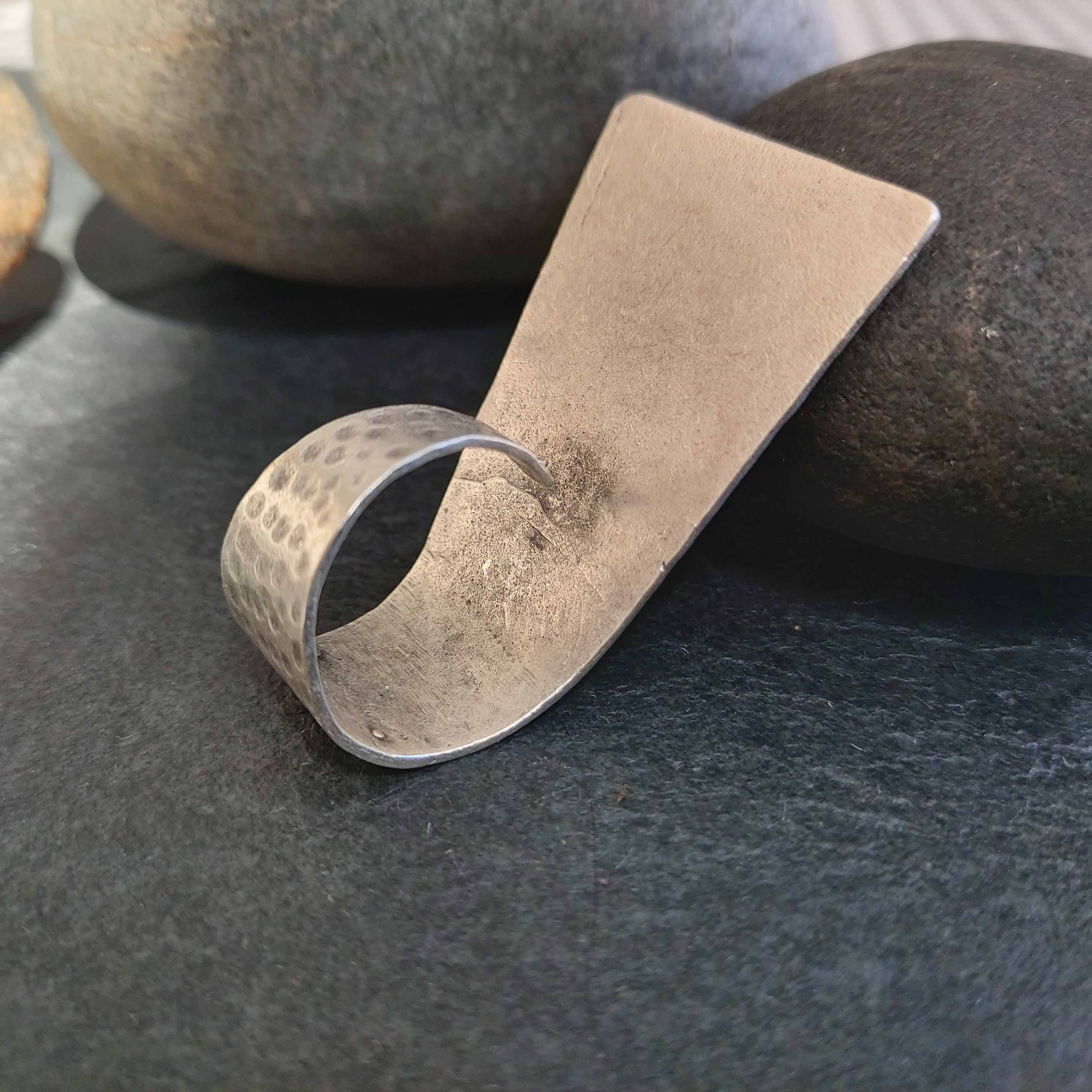 Wide hammered silver ring, brutalist geometric chunky textured statement band