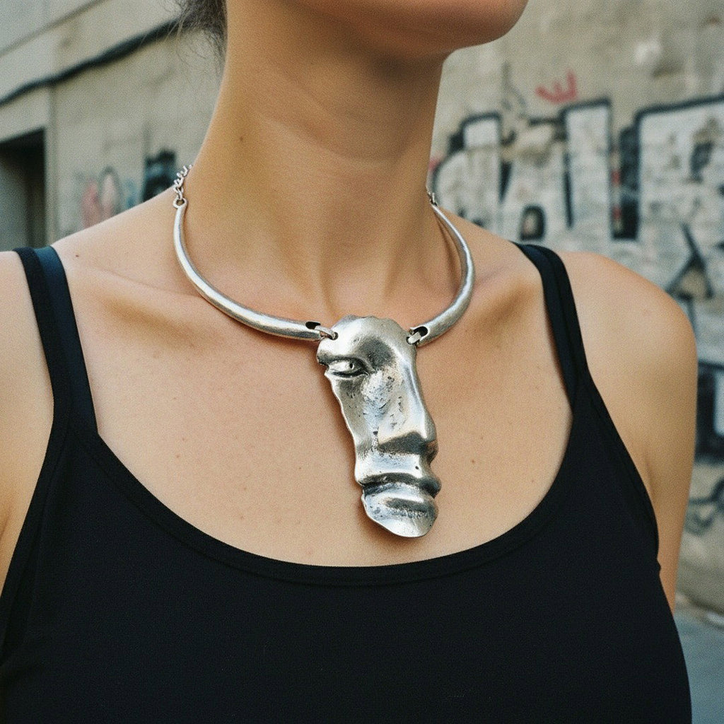Brutalist greek face necklace, sculptural abstract modernist collar pendant